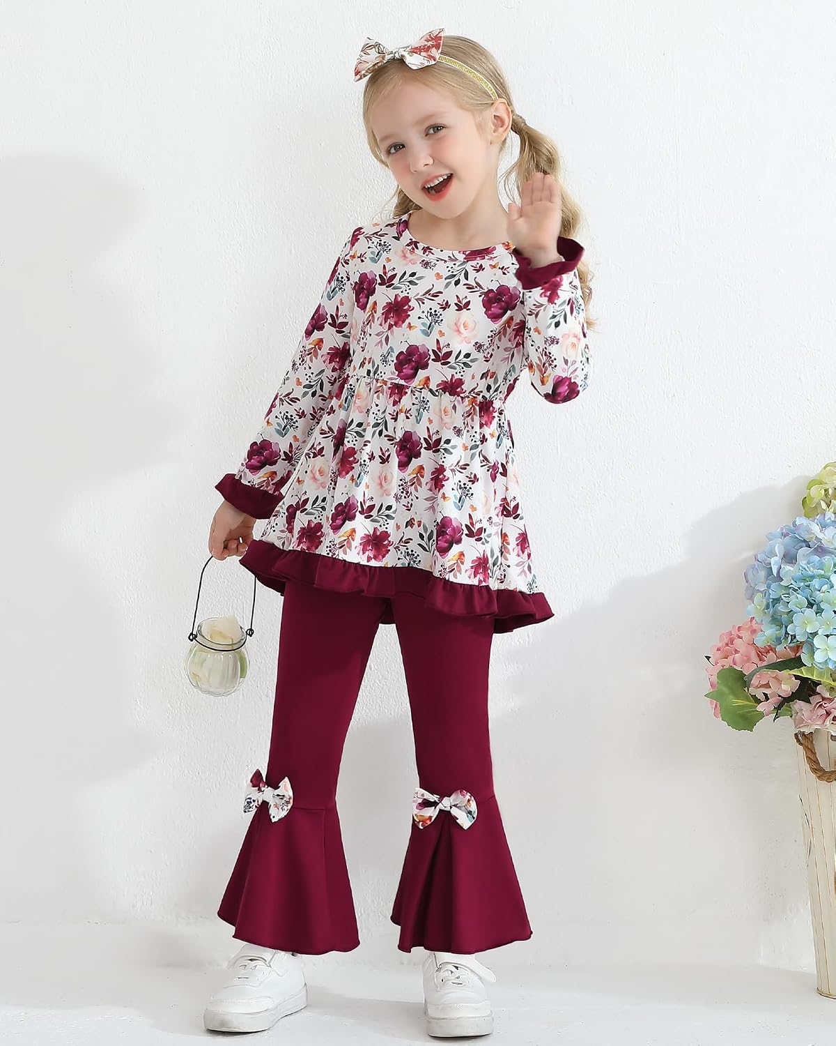 Toddler Girl Clothes Fall Outfit Floral Top Flare Pants Set 1-7Y image 3