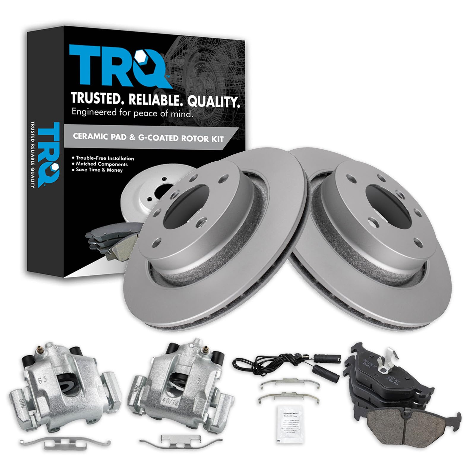TRQ Rear Brake Pad and Rotor Set Ceramic G Coated Rotors Calipers