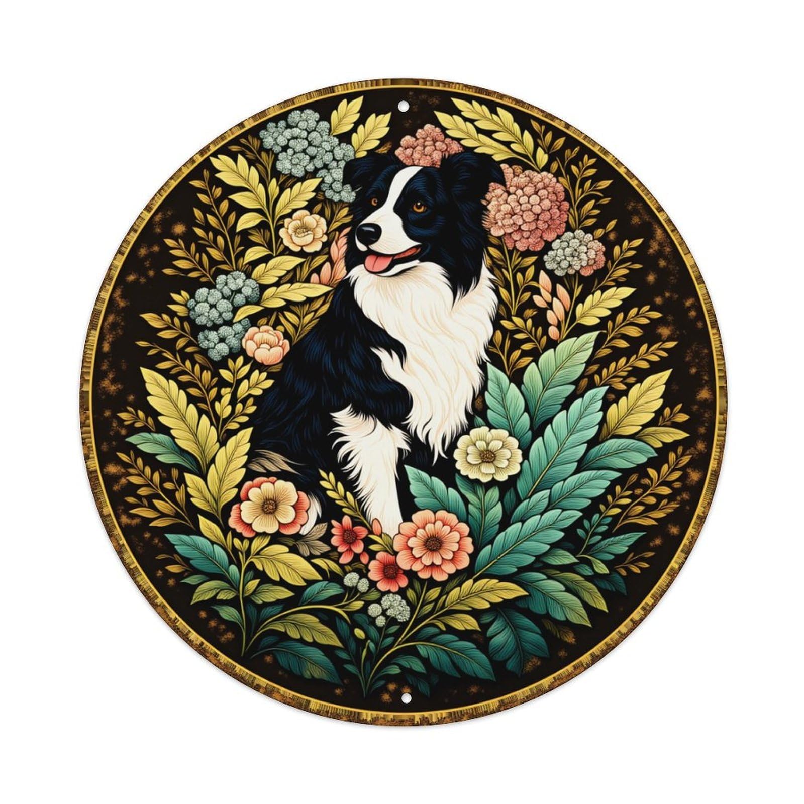 Floral Dog Portrait Artwork Design Round Tin Sign Retro Metal Sign for Cafe Bar Pub Home Game Room Gym Club Wall Decoration Vintage Metal Poster 8x8 Inch
