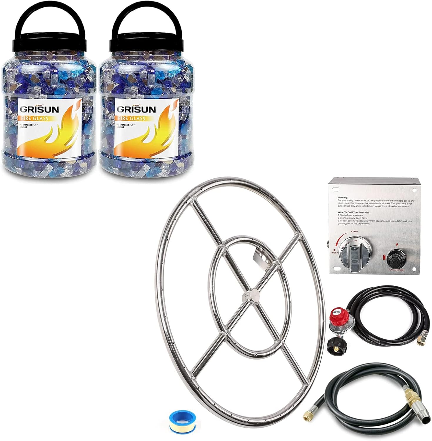 Grisun Fire Pit Burner Ring Kit 18 Inch and Fire Glass for Fire Pit 1/2 Inch 10