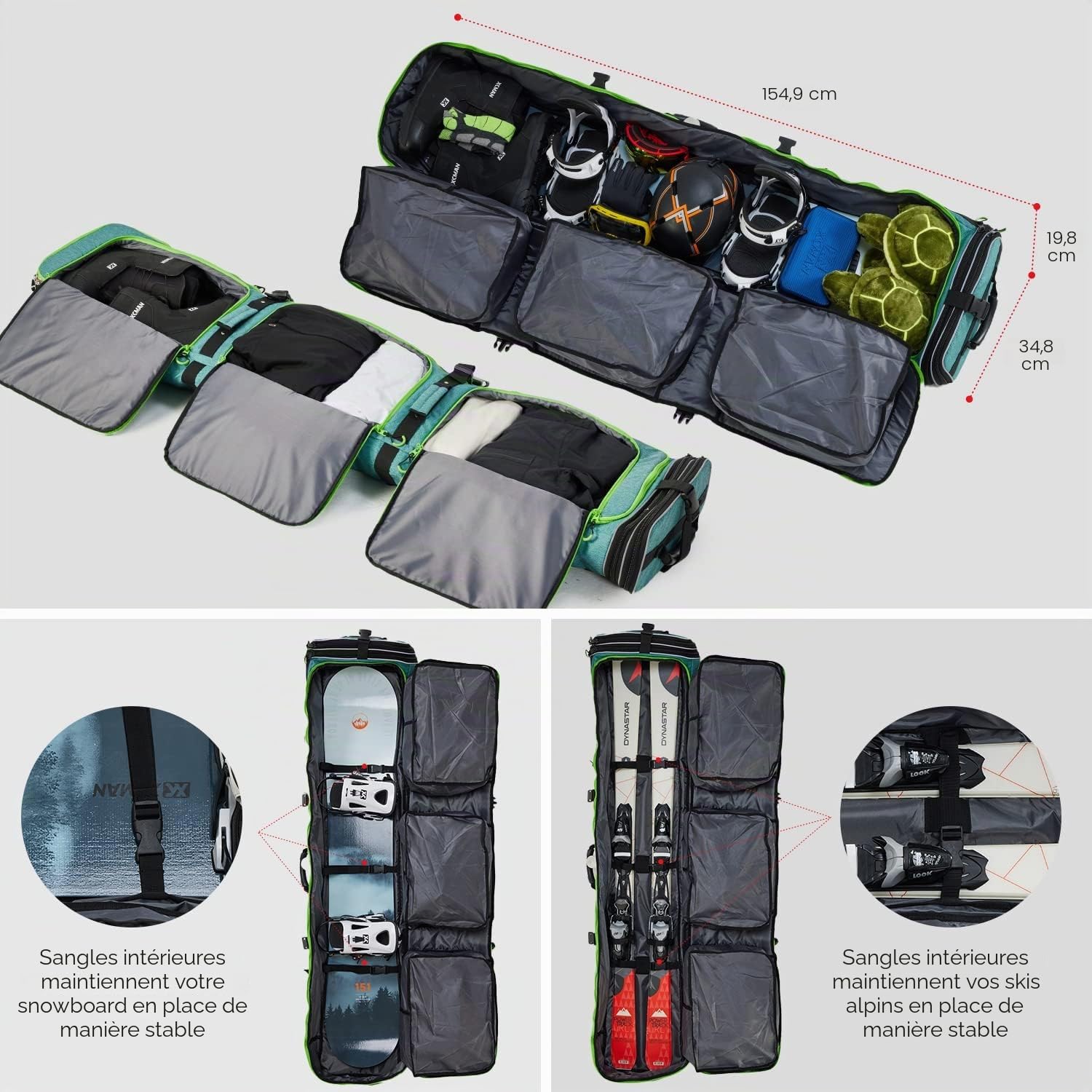 XCMAN Sac à roulettes pour Snowboard à Longueur réglable (Vert Clair)