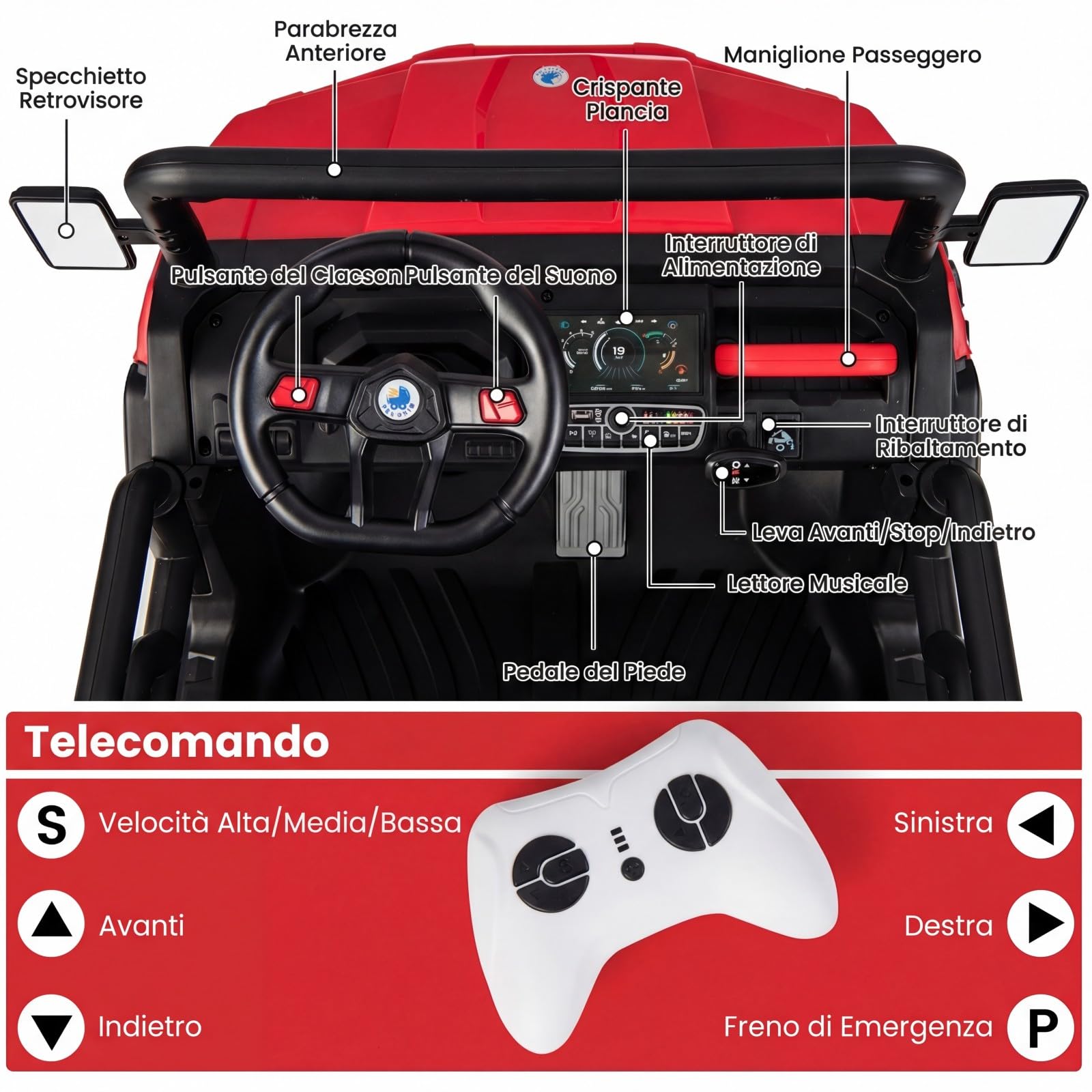 COSTWAY 12V Auto Elettrico per Bambini, Trattore Elettrico con Scatola di Scarico, Macchina Elettrica con Pala Telecomando e Musica, Regalo per Bambini 3-8 Anni, 3-8 km/h (Rosso)
