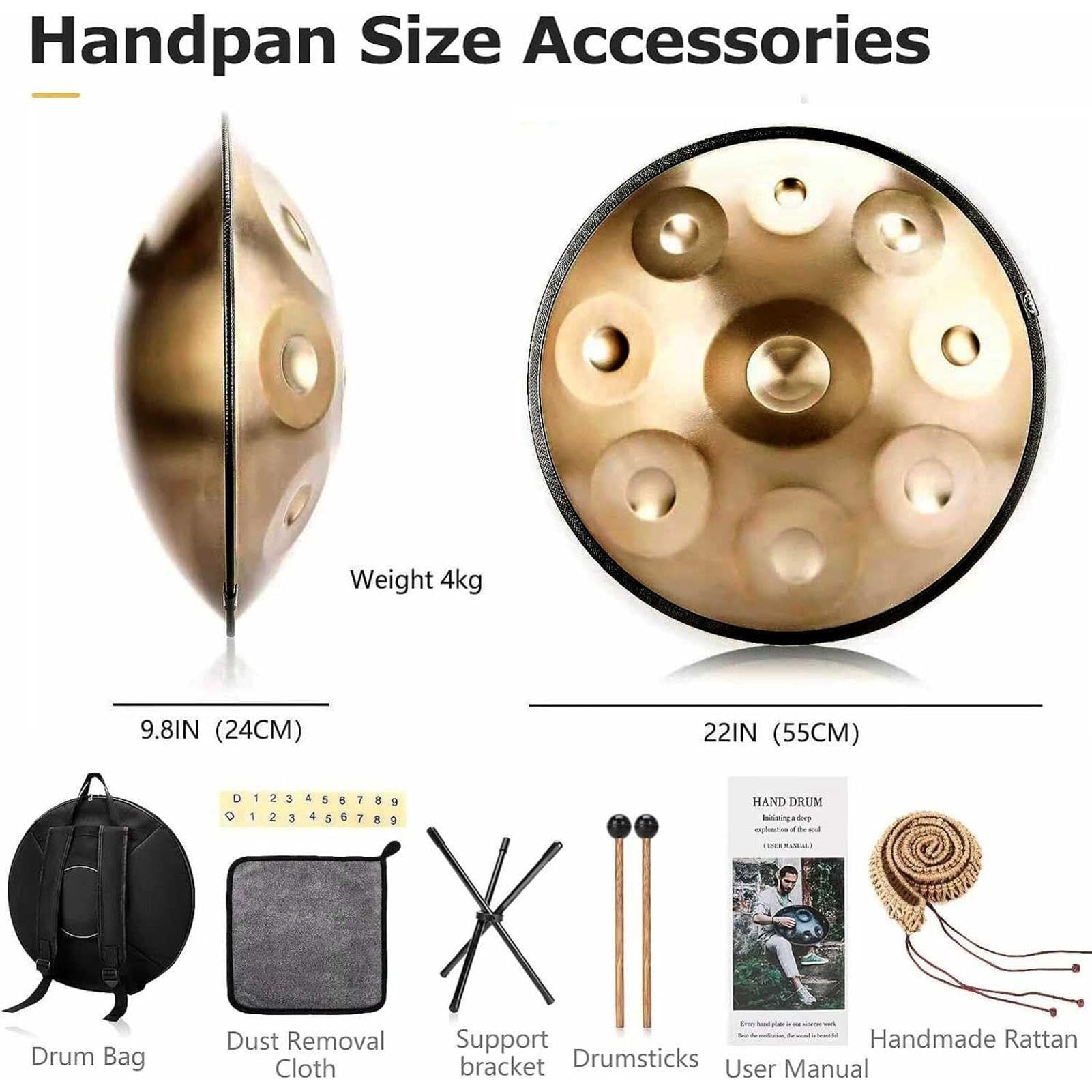 Strumento a percussione Handpan in Acciaio 432Hz/440Hz, percussioni Handpan, Mano, 9/10/12 Note, 22 Pollici, Gold Performer in re minore, per Adulti (440 Hz, 12 Note)