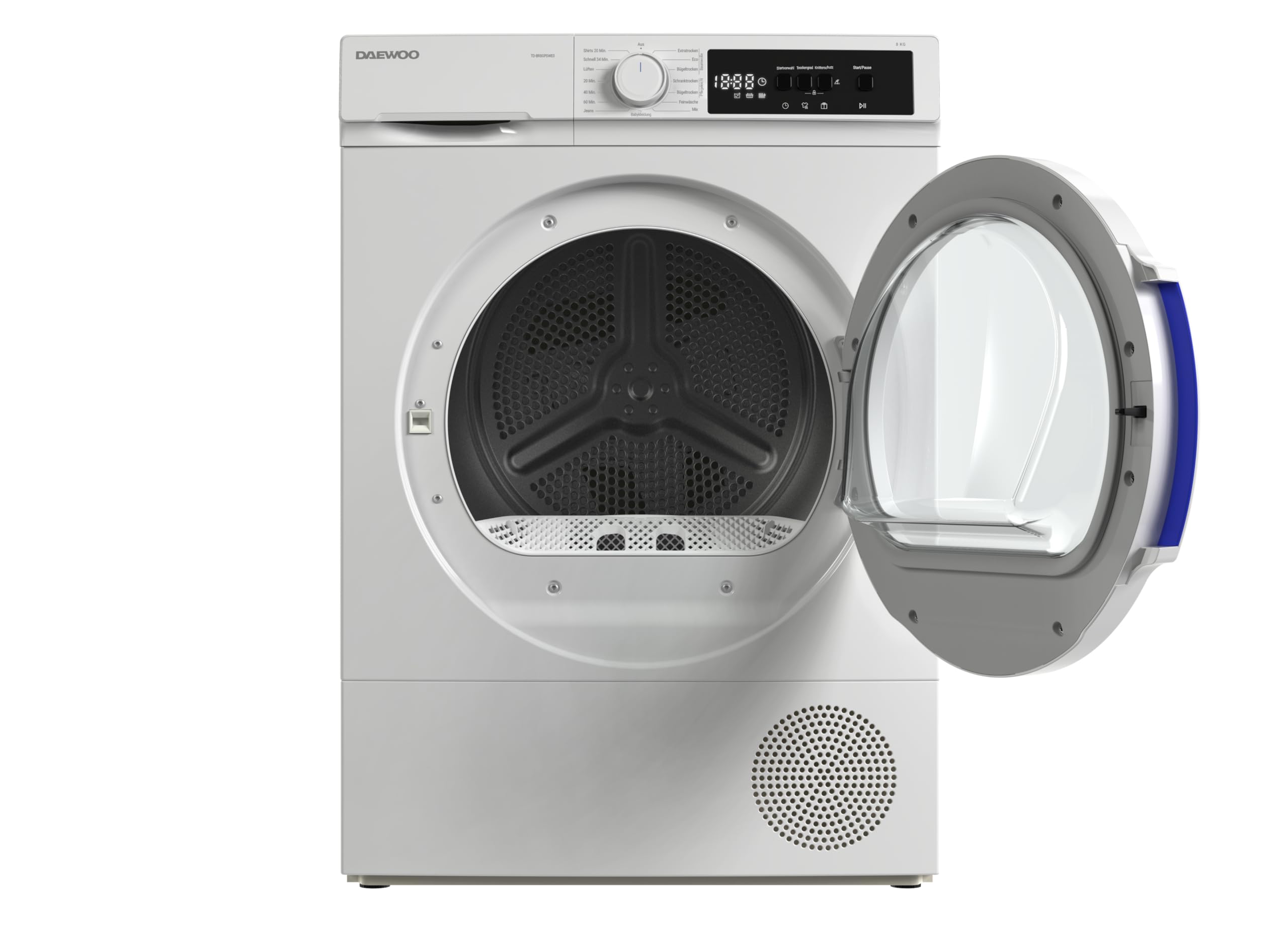 Daewoo TD-BR8GP0WE0-DE Wäschetrockner, 8kg, E, 15 Trockenprogramme inkl. 20-Minuten-Schnelltrockenprogramm, Weiß