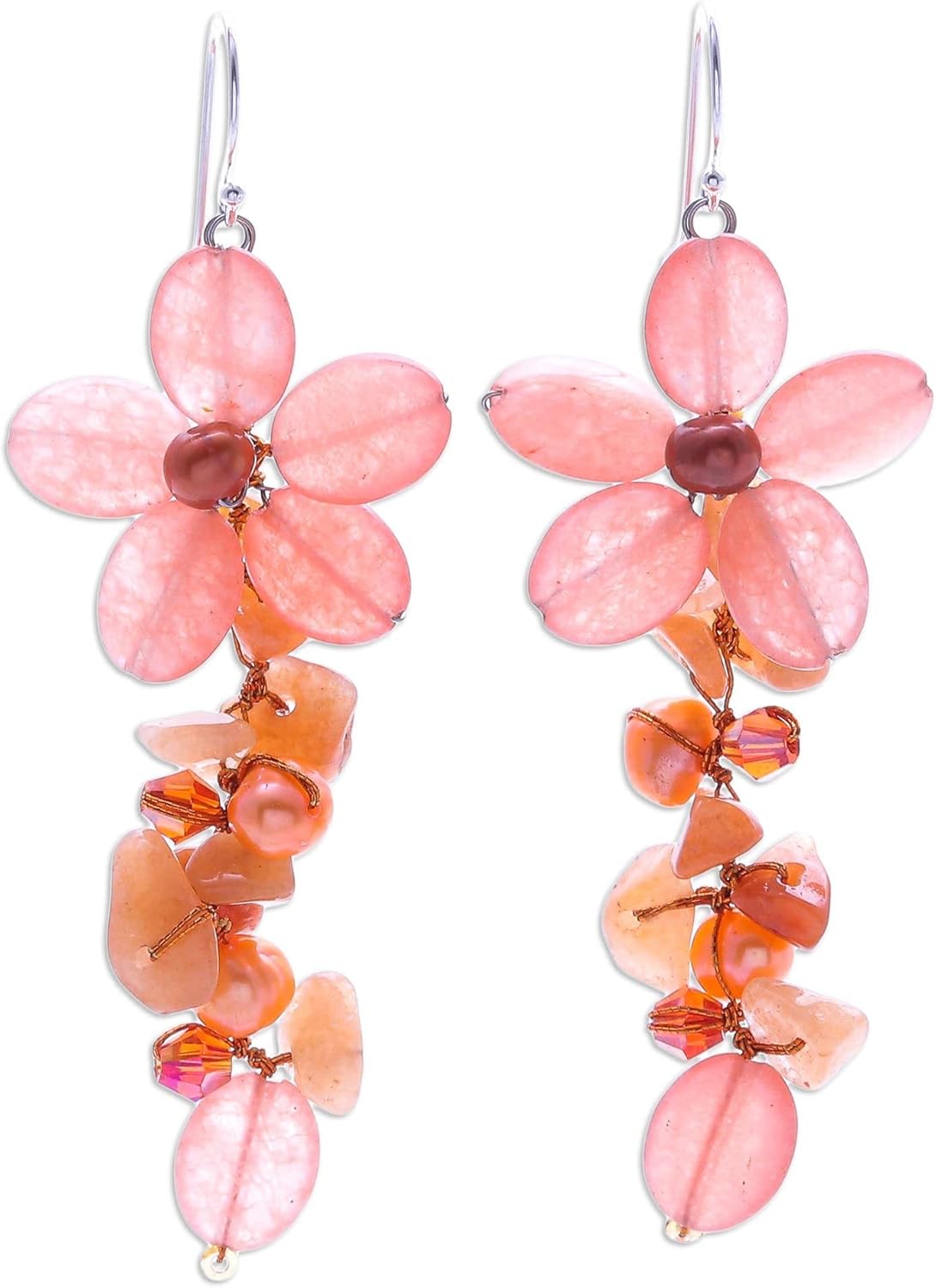 NOVICA Handmade .925 Sterling Silver Multigemstone Dangle Earrings Aventurine Cultured Freshwater Pearl Floral Quartz Thailand Birthstone [2.8 in L x 1 in W] 'Petal Passion in Orange'
