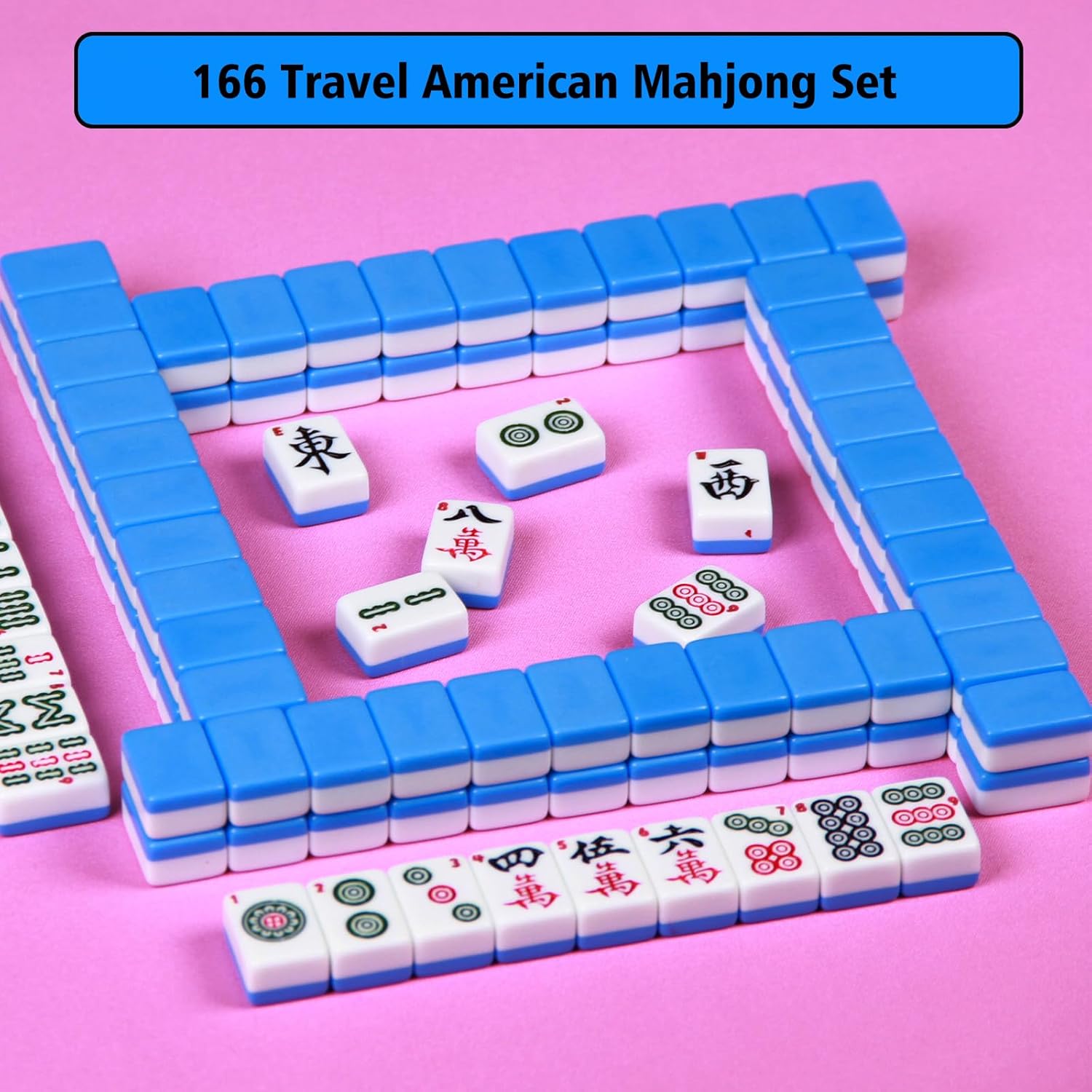 Travel Mahjong Set 24MM American Mahjong Set 166-piece Mahjong Tile Set Blue American Mahjong Tile Set