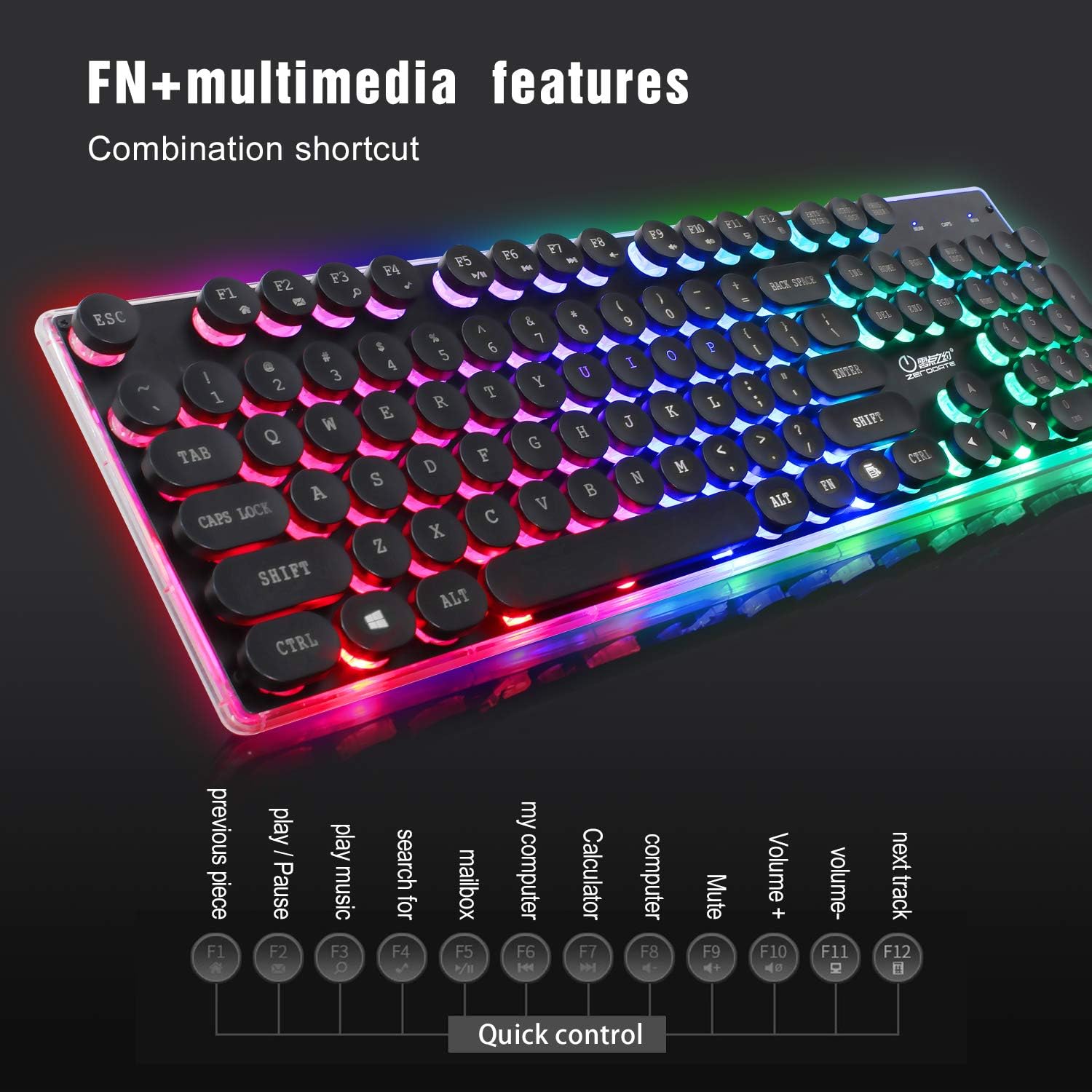 ZERODATE KB202 Steampunk Gaming Keyboard Wired LED Backlit Keyboard with Round Keycaps Retro Typewriter Circle Keyboard