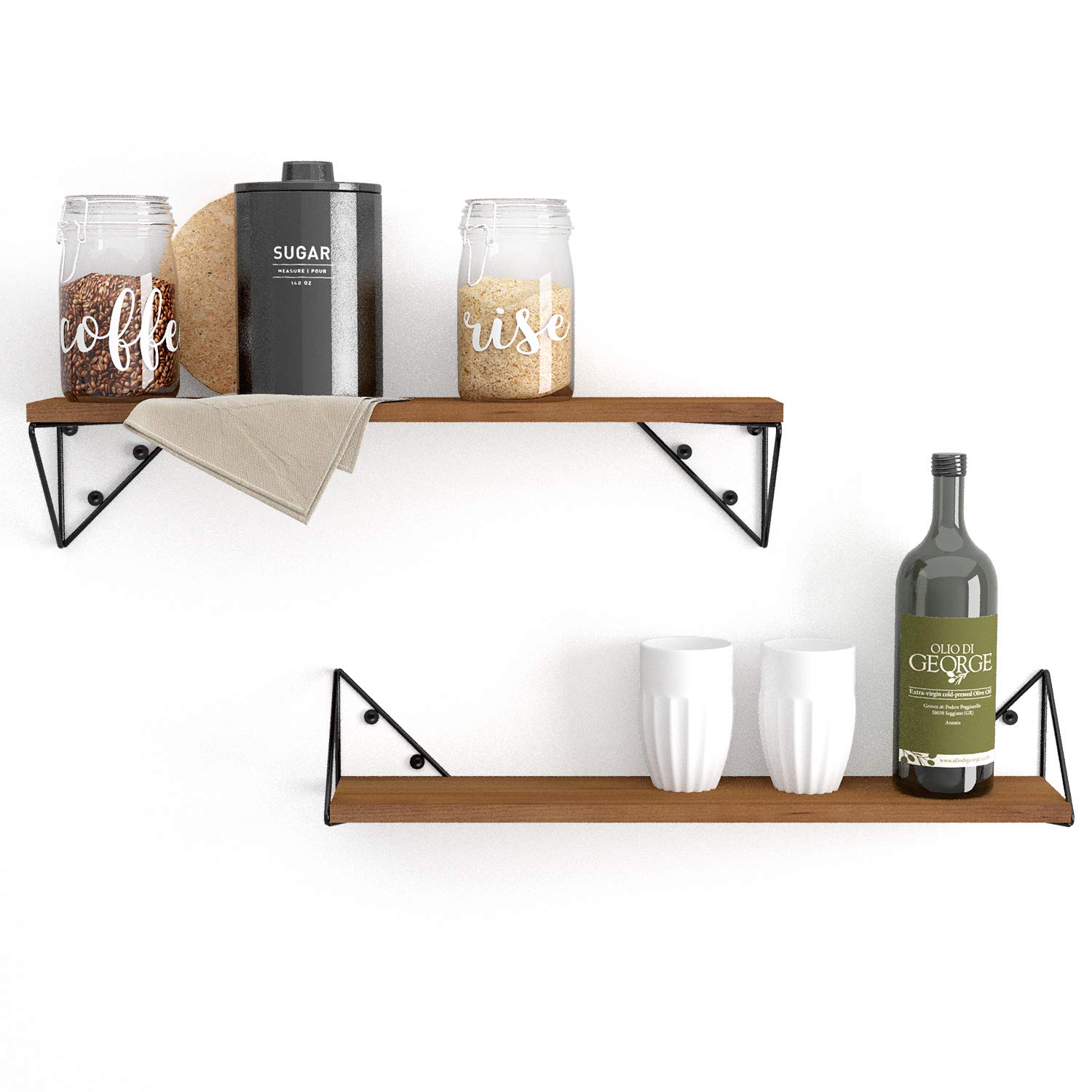 Wallniture Pigna Wood Floating Shelves for Wall Storage, Bathroom Shelves for Over The Toilet Storage, Wood Wall Shelves for Bedroom, Living Room, Kitchen Pantry, Laundry Room, Set of 2