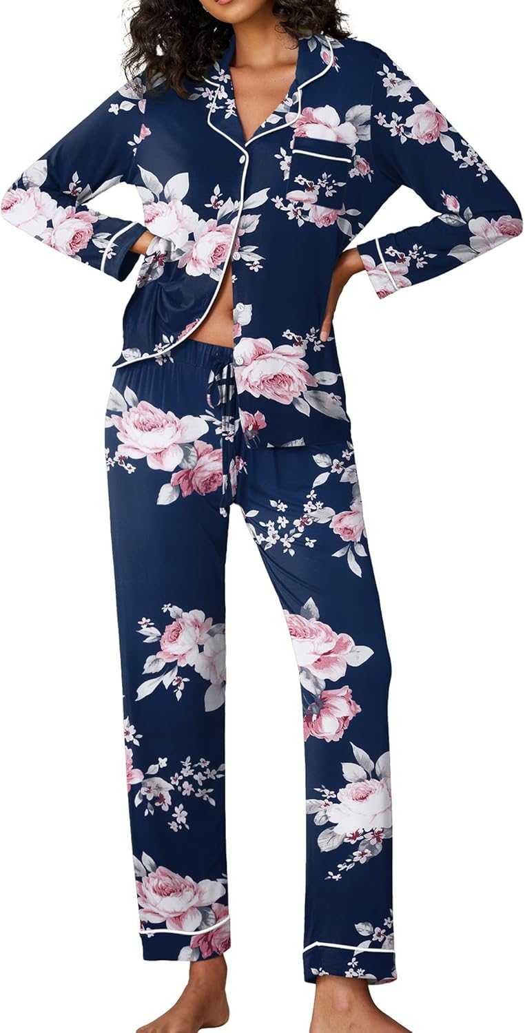 Ekouaer Pajamas Women's Long Sleeve Sleepwear Soft Button Down Loungewear Pjs Lounge Set Nightwear XS-XXL