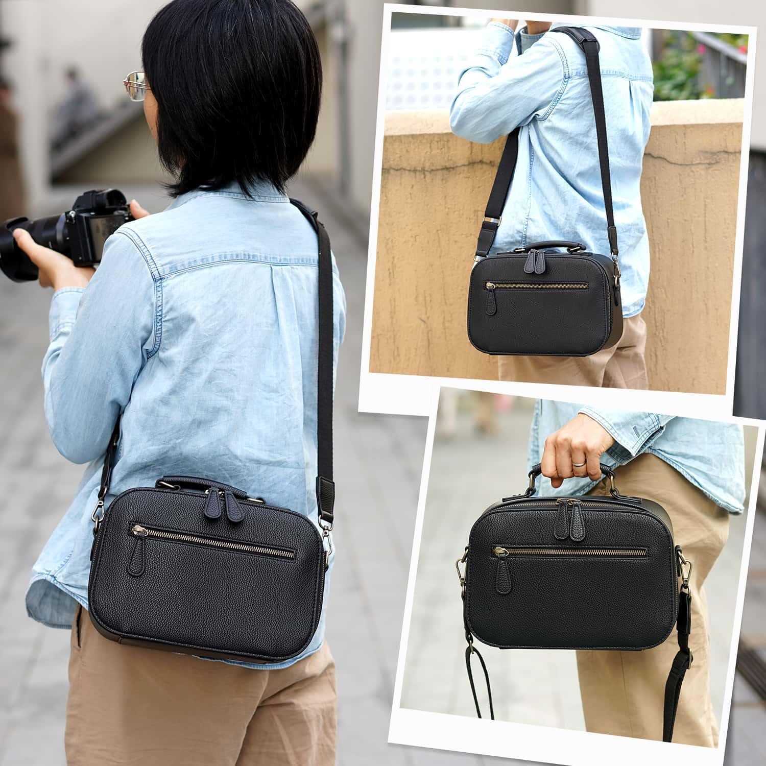 Camera Sling Bag, Waterproof PU Leather Crossbody Camere Bag for Photographers, Small Shockproof Case with Removable Dividers for DSLR/SLR/Mirrorless, 4L Black - Image 6