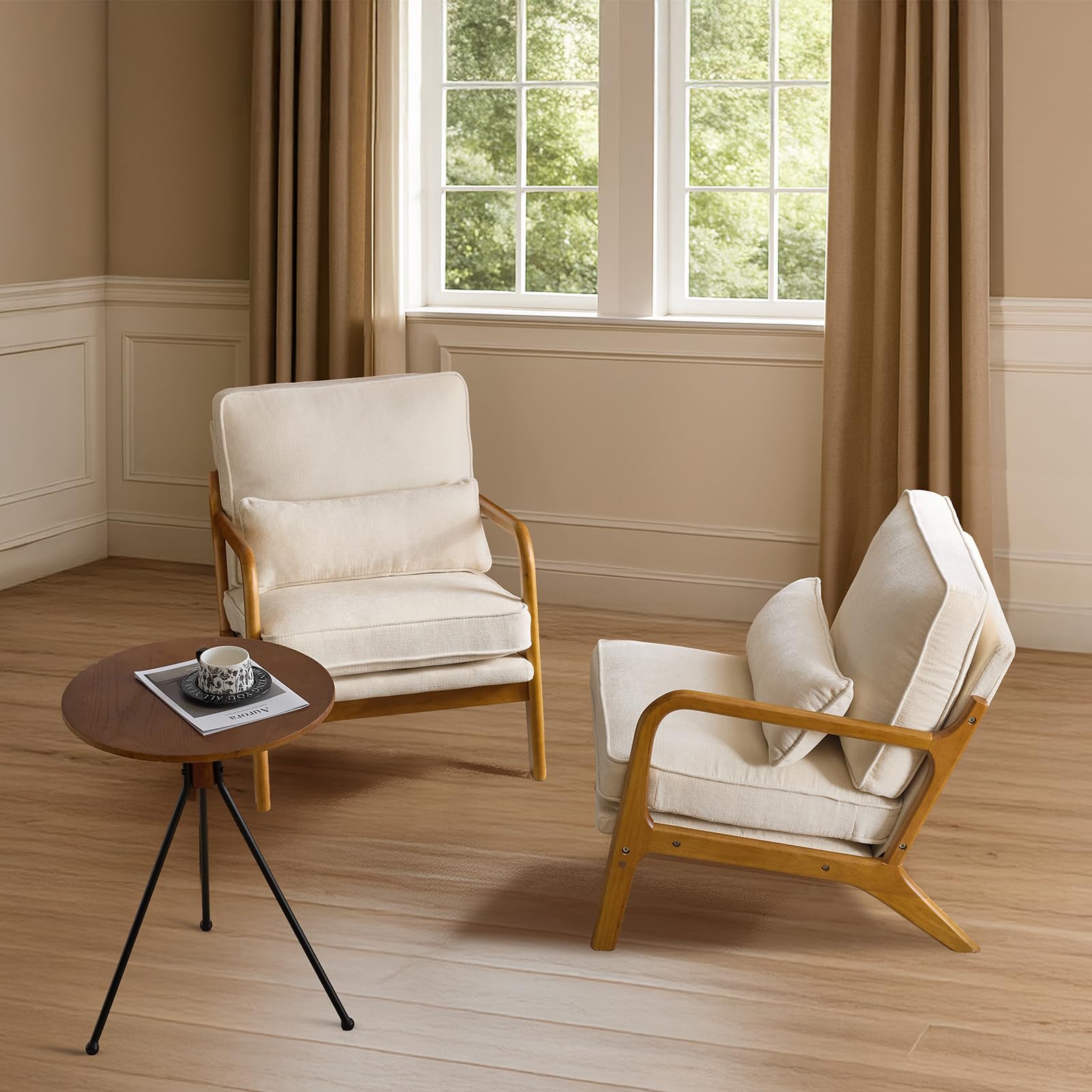 VINGLI Arm Chairs,Mid Century Modern Accent Chairs with Solid Wood Frame,Comfy Upholstered Armchair with Lumbar Pillow,Chairs for Living Room,Bedroom,Small Spaces,Chenille (Cream White-2pcs)