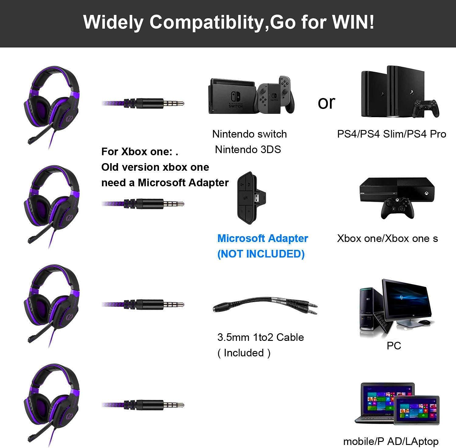 Gaming Headset Bass Surround Sound Stereo PS4 Headset with Flexible Microphone Volume Control Noise Canceling Mic Over-Ear Headphones Compatible for PS4 Xbox one Laptop PC Mac Purple : Video Games