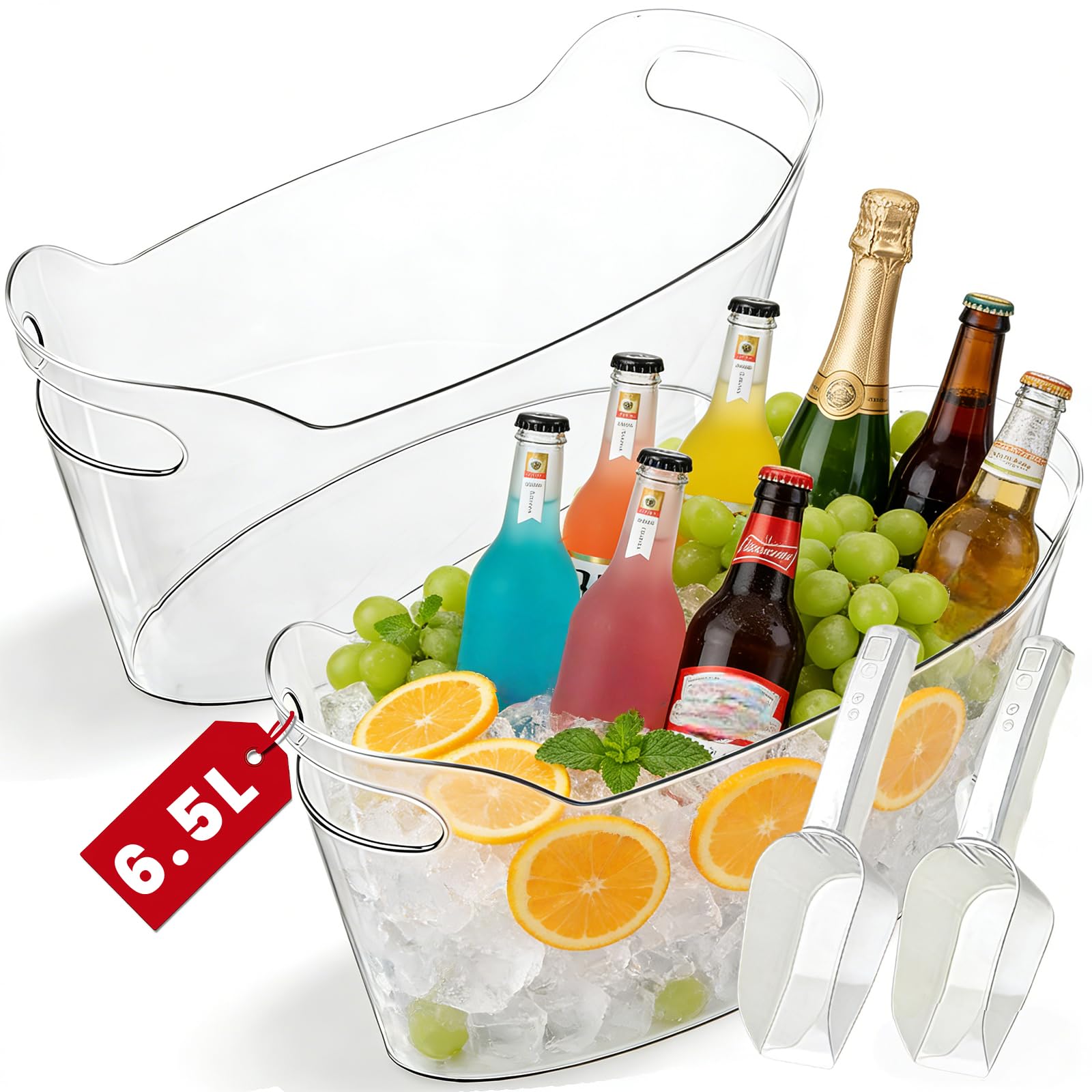 Eiskübel für Partys, 2 Packungen, tragbarer Getränke-Eiskühleimer mit Griffen für Grillabende, Kühlflaschen, Bierdosen, Champagnerkühler für Getränke/Wein/Bier, Barzubehör, Kühlwanne mit Schaufel