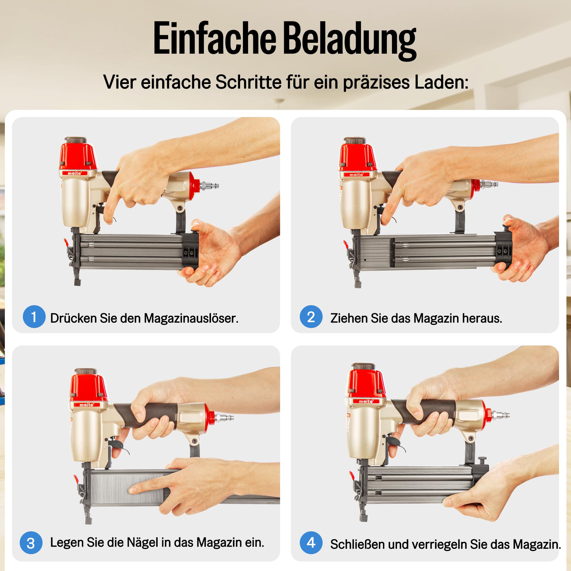 meite F50C Druckluftnagler mit Sicherheitsnase, Druckluft Nagelpistole für Stauchkopfnägel 18GA 15-50mm, Tiefeneinstellung max. 7 bar Stauchkopfnagler, Ideal für Zierleisten, Holzarbeiten