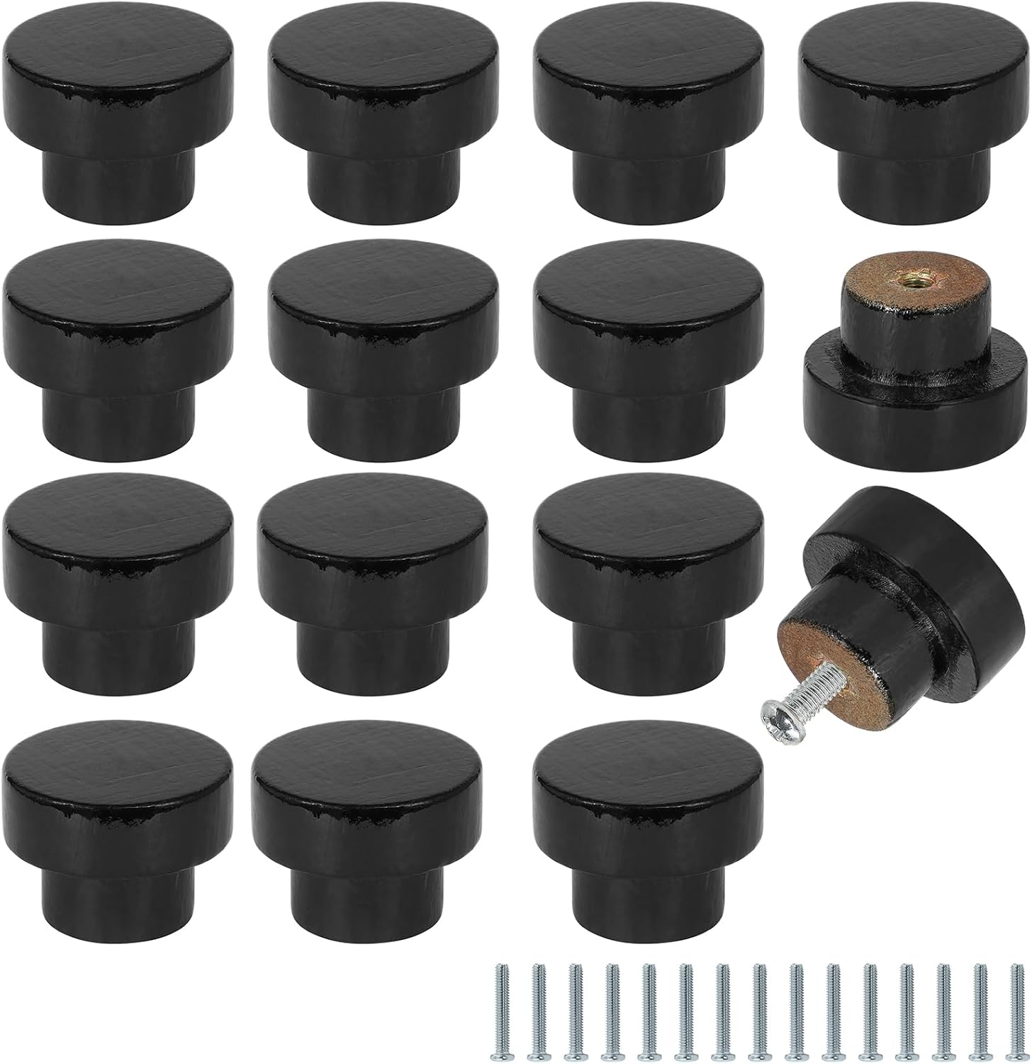 FoDau770 15pcs Black Wood Knobs, Flat Top Round Cabinet Knobs Vintage Drawer Pulls, Natural Wooden Cabinet Hardware for Furniture Drawer Dresser Wardrobe Cupboard - 1" Diameter