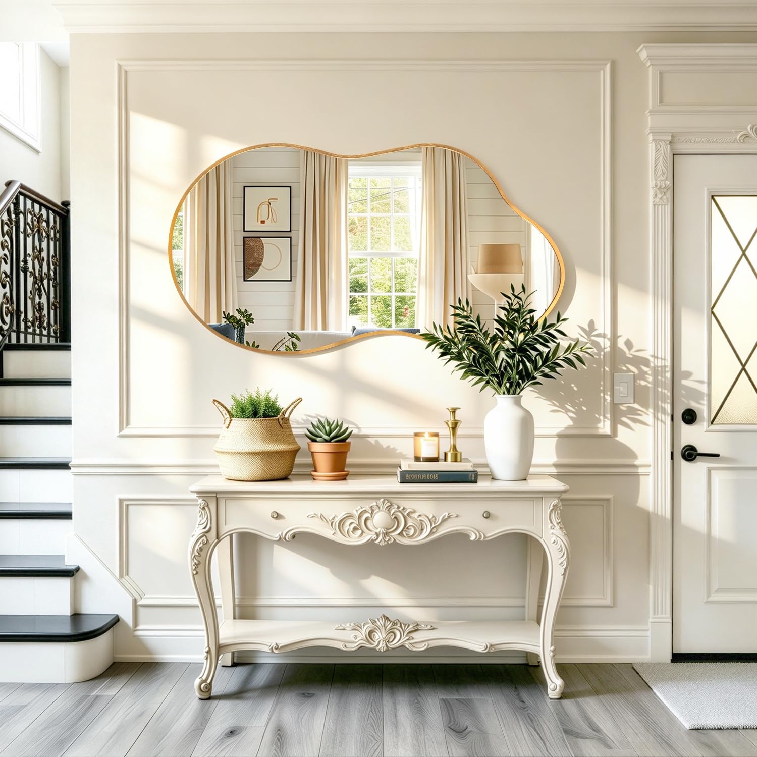 JJUUYOU Grande specchio da parete asimmetrico con cornice in metallo irregolare, moderno e unico, specchio decorativo per bagno, camera da letto, soggiorno, ingresso, corridoio, 55 x 100 cm, oro