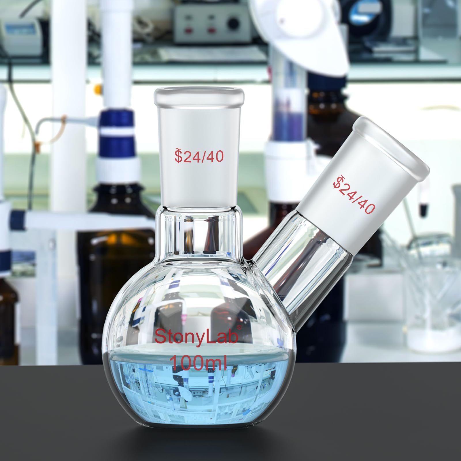 stonylab Flat Bottom Flask FBF, Heavy Wall 2-Neck Lab Flask Borosilicate Glass Flat Bottom Boiling Flask with 24/40 Standard Joint, 100 ml — Amazon image 5