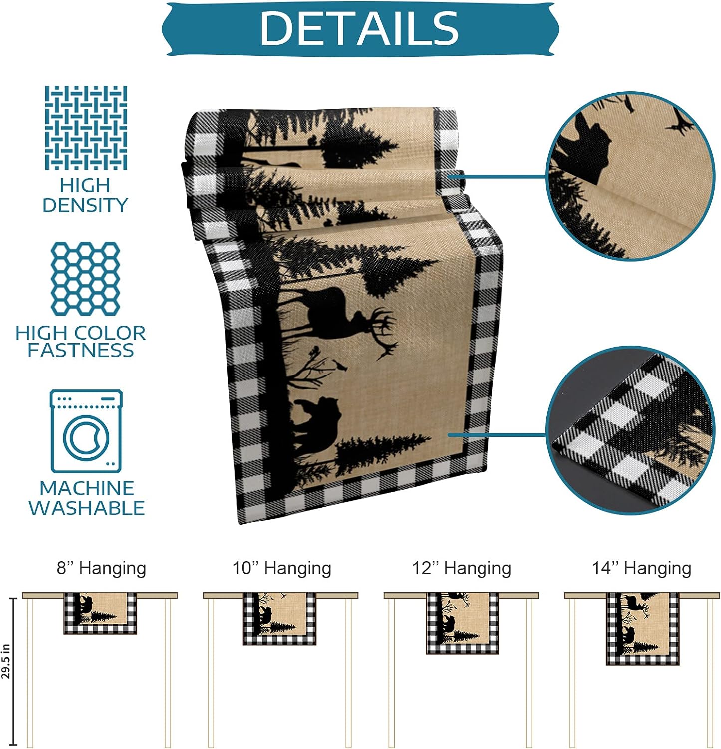 Dining Table Runner Dresser Scarves, Christmas Animal Moose Elk Xmas Tree Table Runners 120 inches Long,Non-Slip Washable Coffee Table Runners for Wedding Party Holiday Dinner Table Decoration