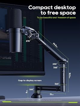 Mic Arm, 360° Rotatable Microphone Boom Arm Mic Stand for Fifine AM8 K669B Blue Yeti HyperX shure sm7b SoloCast AT2020, with Mic Clip 3/8 to 5/8 (Black)