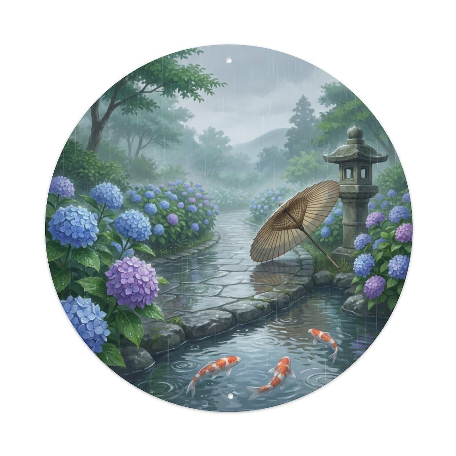 Galvaxio Style Japanese Koi Fish Hydrangea Rain Season Blue Metal Tin Sign