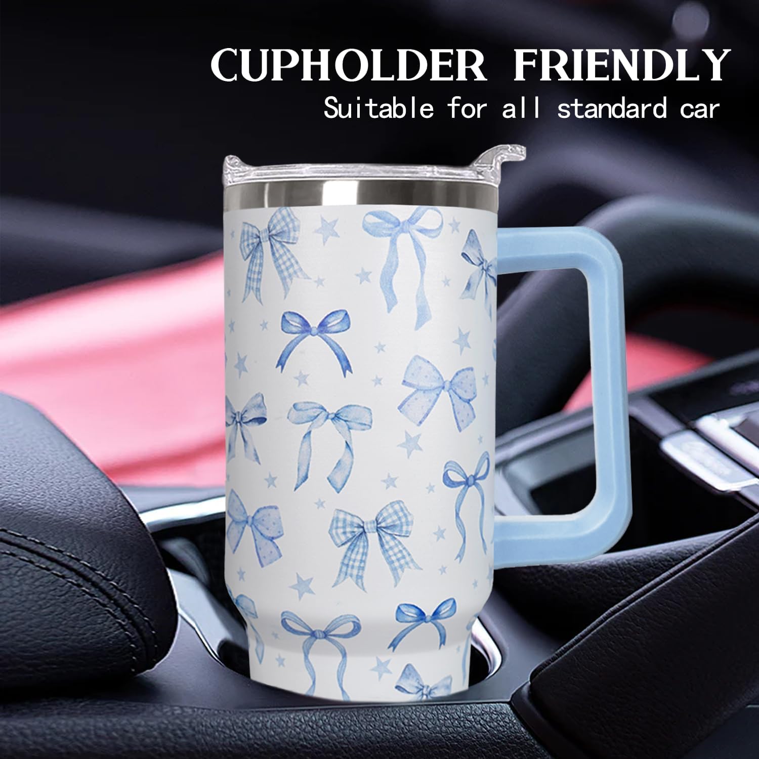 30 Oz Blue Bow Tumbler With Handle, Blue Bow Decor Coffee Travel Mug Cup Water Bottle, Gifts for Women Girls - Image 6