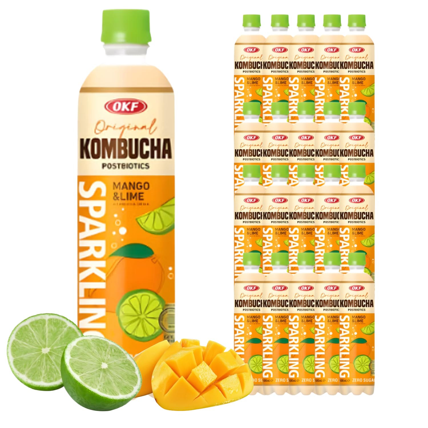 OKF Kombucha Zero Sugar | Postbiotics Getränk | Zuckerfrei & Kalorienarm | Probiotische Kultur | Sprudelndes Erfrischungsgetränk | 500ml | 5 Geschmacksrichtungen (500ml 20er, Mango & Limette)