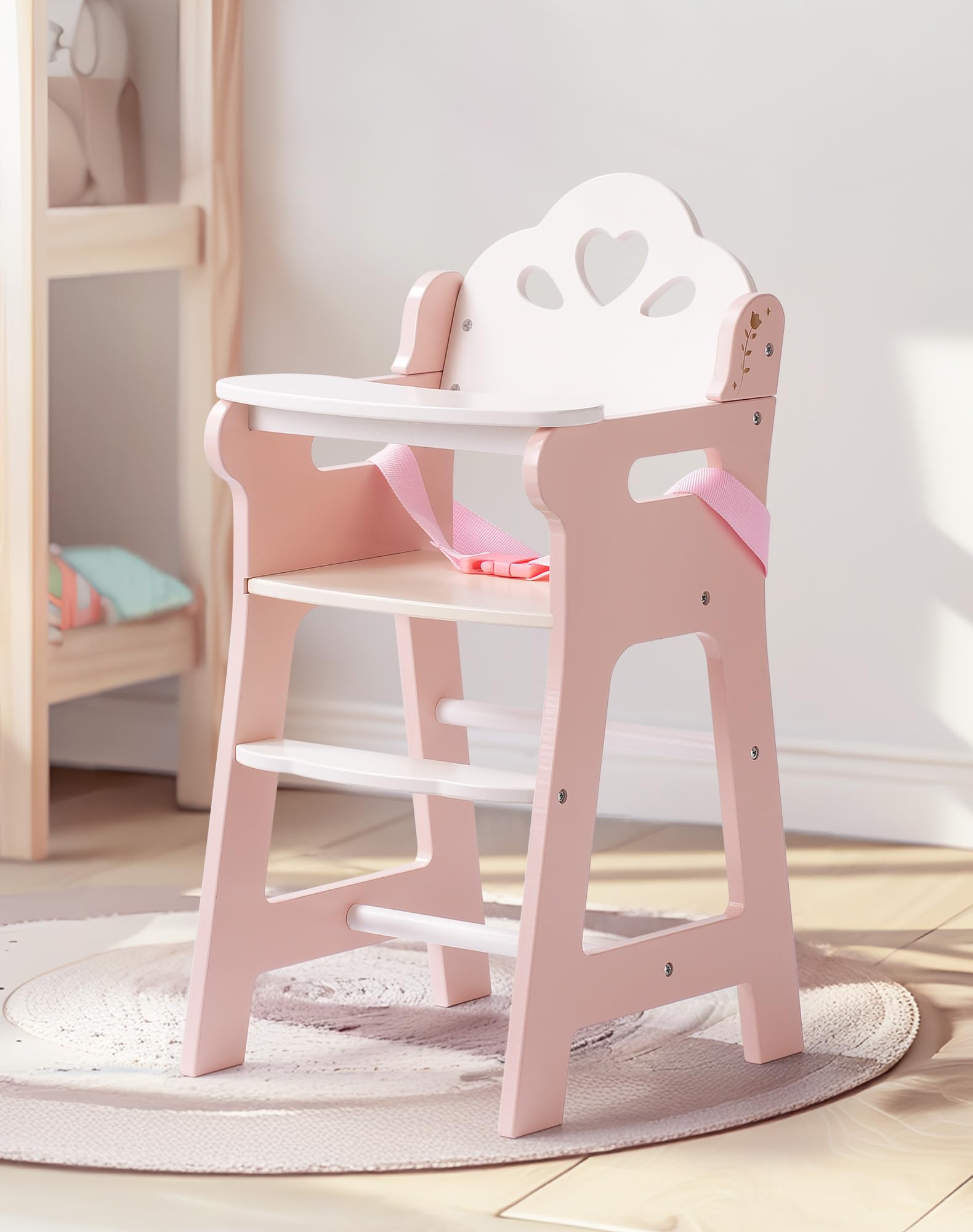 ROBOTIME Baby Doll High Chair, Pretend Play Wooden Dolls Furniture for Up to 18 Inch, with Safety Belt & Foodrest - Image 2
