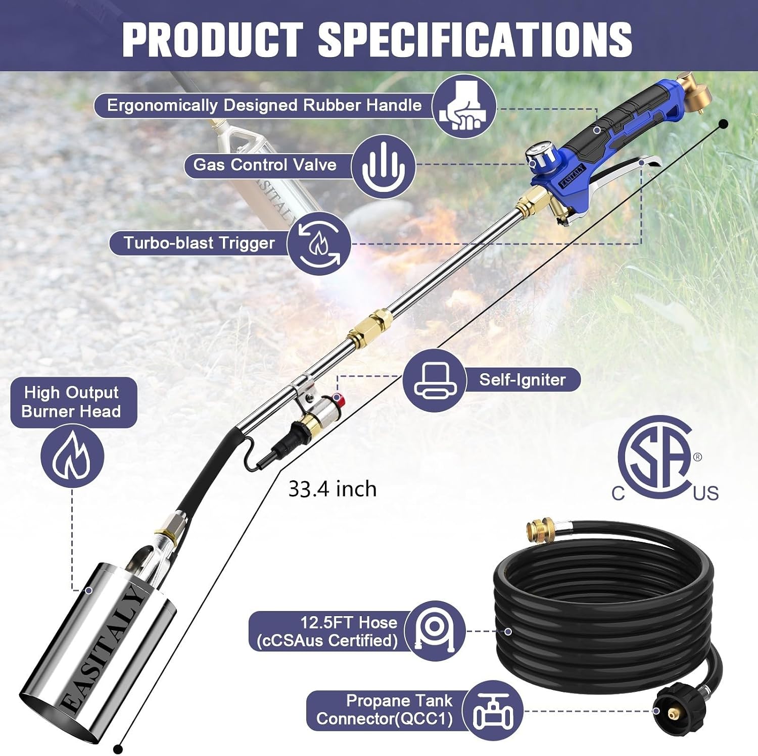 propane torch weed burner kit,high output with 12.5ft hose,heavy duty blow torch flamethrower with long/short mode for flame weeding,roofing,ice snow melting,road marking,bbq(33.4")
