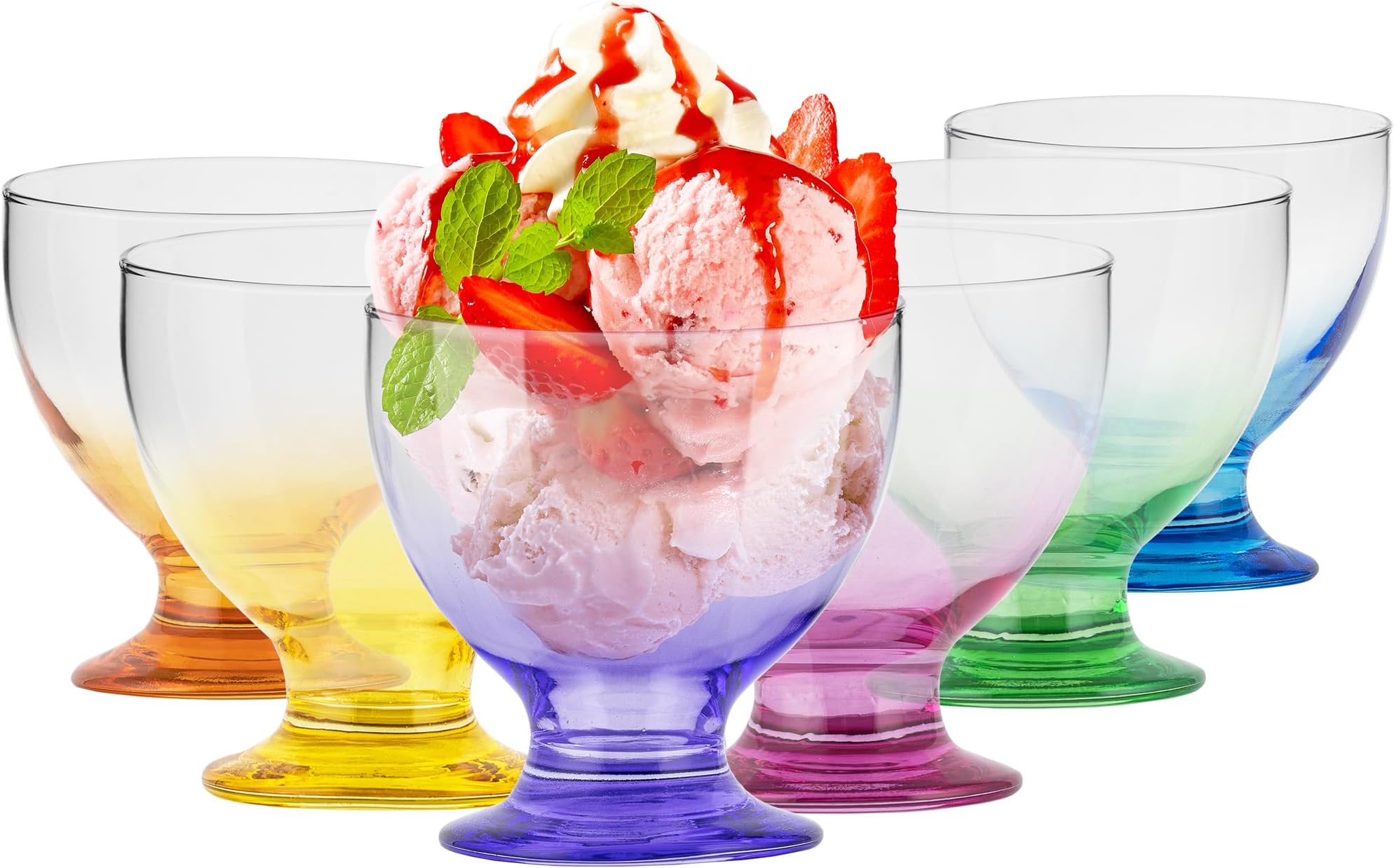 TREND FOR HOME Glass Dessert Bowls | Coloured Ice Cream Bowls | 475 ml | Set of 6 | Short Stemmed Sundae Glasses | Dishwasher Safe | Selina Rainbow Blast Collection