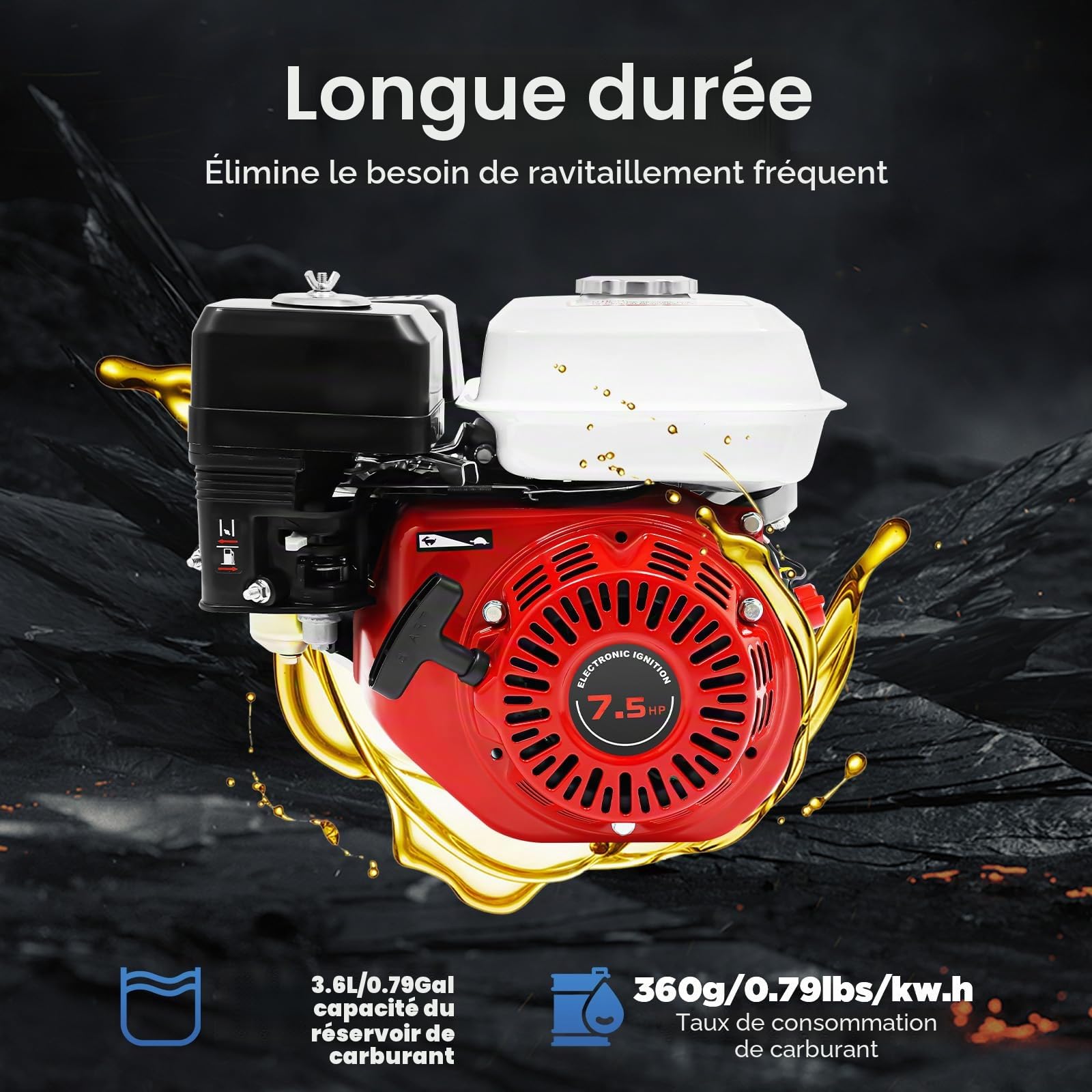 Moteur à essence 4 temps 7,5 CV, 215 ml/9,09 oz - Moteur à essence Go Kart - Moteur industriel - Moteur de rechange - Moteur d'entraînement pour charges lourdes - Rouge