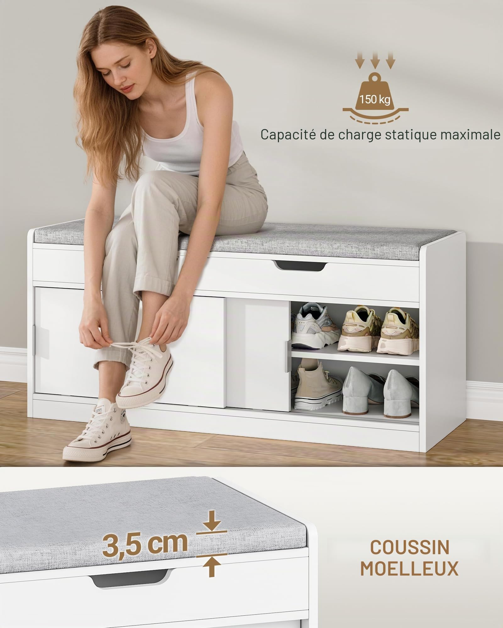 Hzuaneri Banc à Chaussures avec Siège, 40 x 100 x 50,5 cm, Blanc