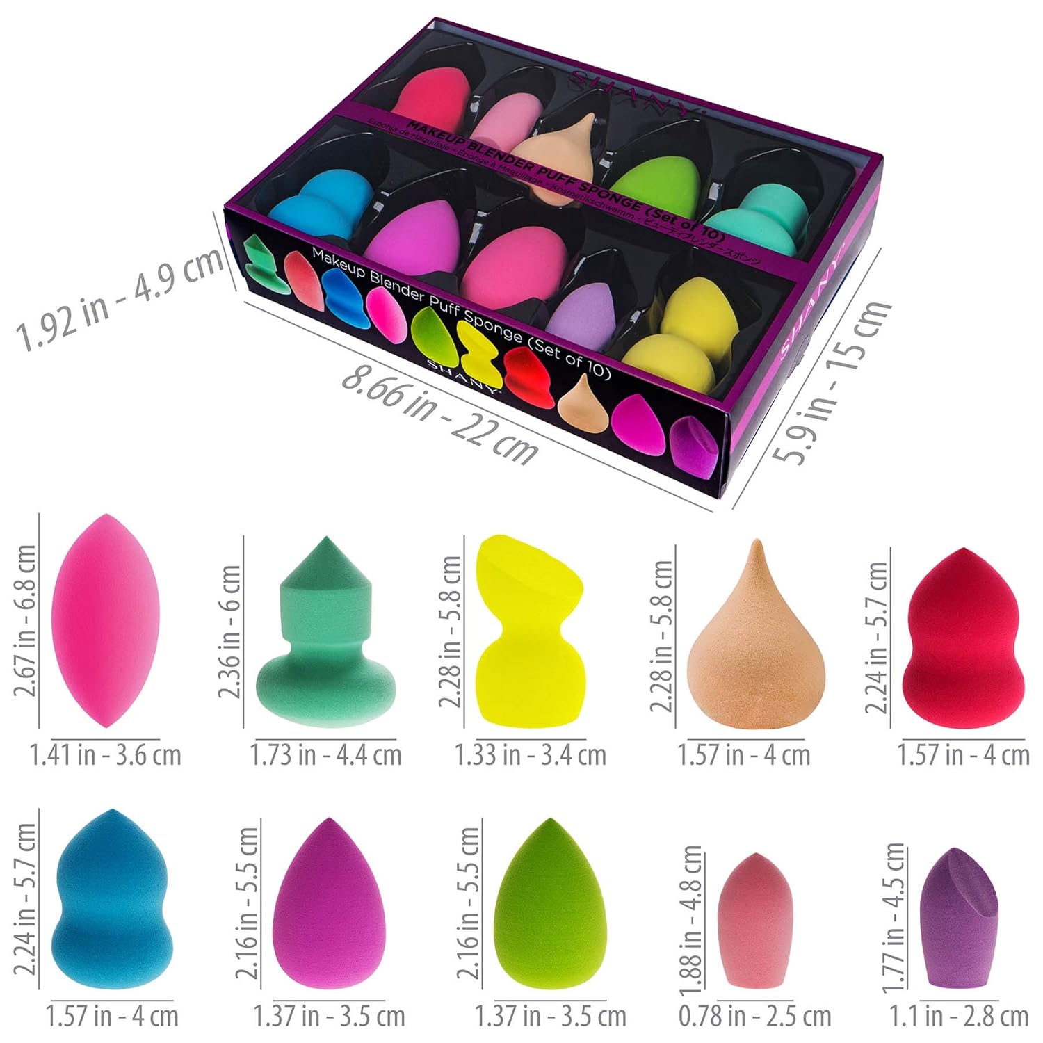 SHANY Blender Makeup Sponge Blending Puff Set for Liquid, Cream, and Powder Foundations and Concealers - Latex-free,High-density, Vegan, Multipurpose Multi Shapes, Assorted Colors - Gift Set 10 Pcs
