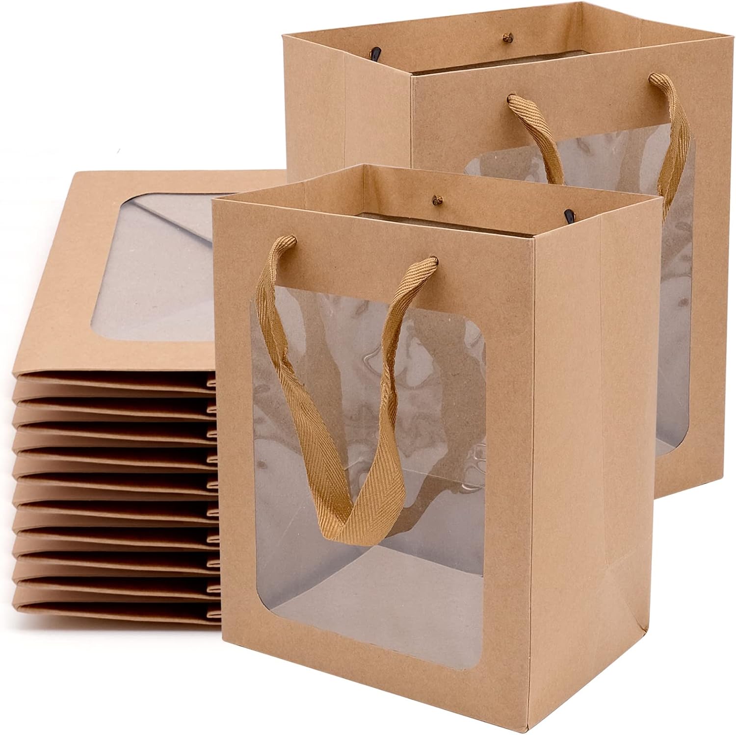 10pcs Gift Boxes With Clear Lids, Cowhide Color Kraft Paper Gift Bags