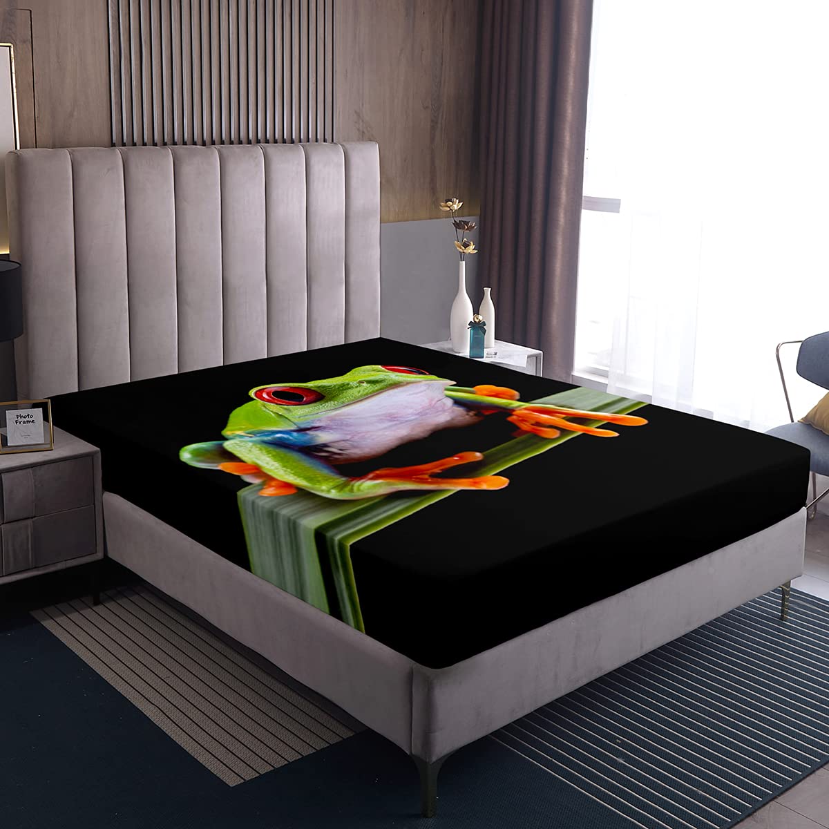 Frosch Spannbettlaken Tropische Amphibien Bettwäsche Sets 3D Tier Frosch Drucken Spannbettlaken Für Teens Jungen Kinder Tropisch Botanisch Muster Bettwäsche-Dekor-Set, Ohne Kissenbezug, 90x200x30