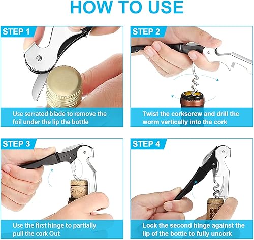 Miniatura 3 de BLUE world Kit de abridor de vino de acero inoxidable con doble bisagra y cortador de papel de aluminio para restaurante de camarero, sommelier,