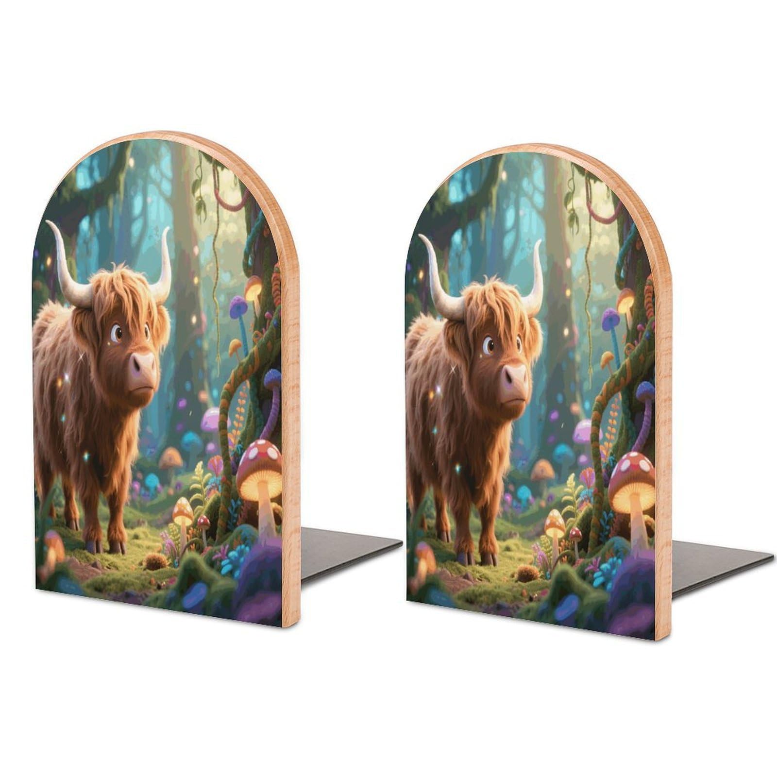 Cute Highland Cow Bookend Modern Non-Skid Bookends Heavy Duty Wooden Book Stopper Support for Heavy Books Book Organizer for Home Office Supplies