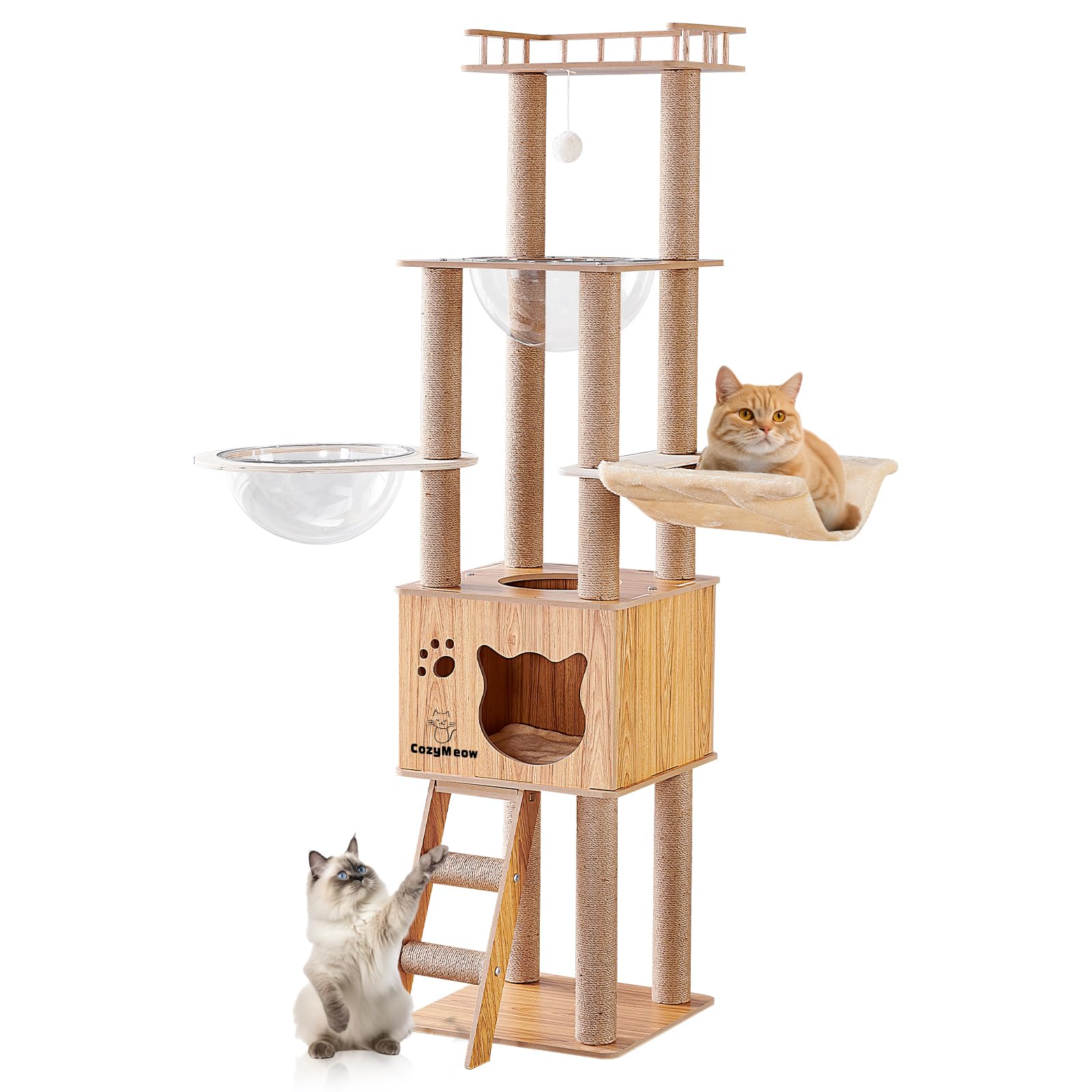 Amazon | キャットタワー 木製 宇宙船透明ボウル付き 高さ約161cm 