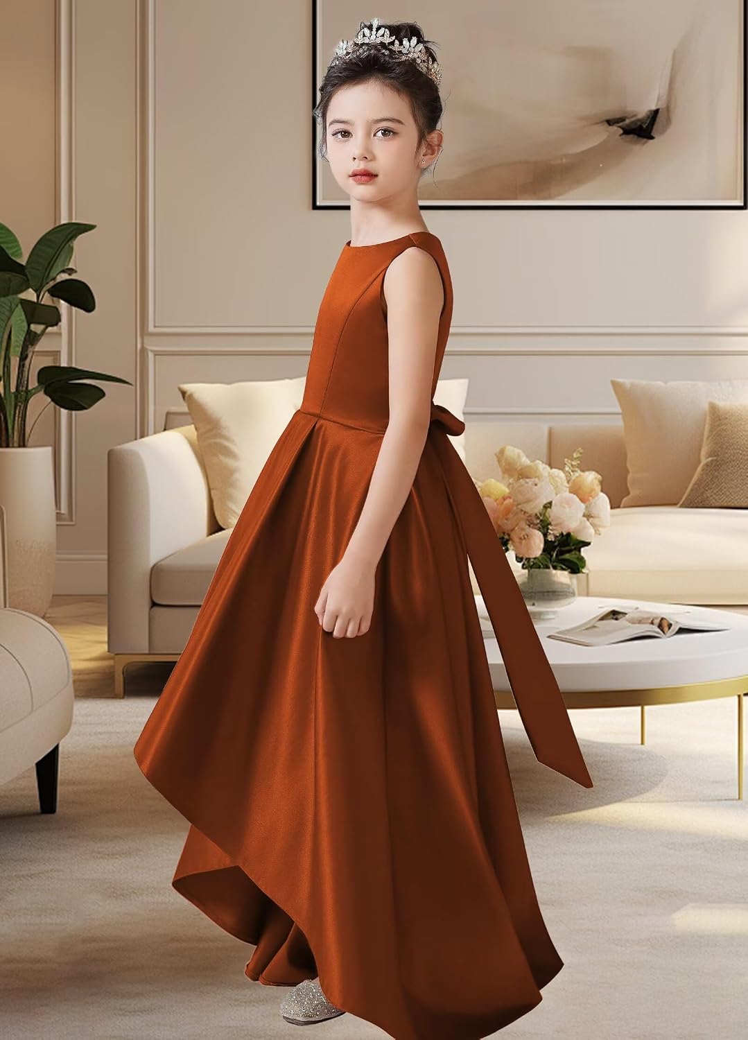 dideyttawl Satin Hi-Lo Formal Dress for Girls 4-16 Sleeveless A Line Quinceanera Dresses Flower Girl Dresses for Wedding