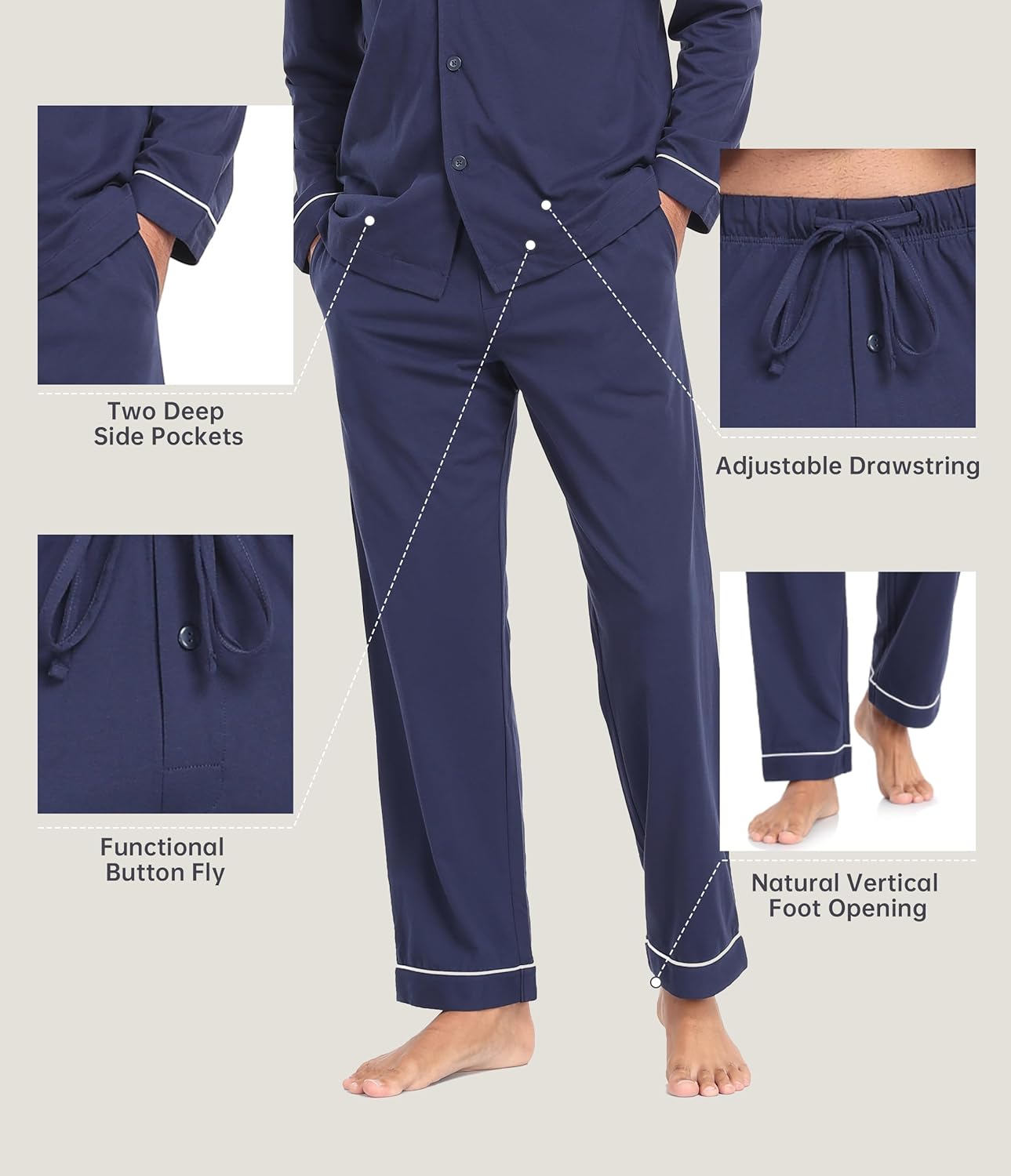 CF Mens Pajamas Set 100% Cotton Sleepwear Button Down Pj Sets Long Sleeve Lounge Set Soft Nightwear with Pockets & Front Fly