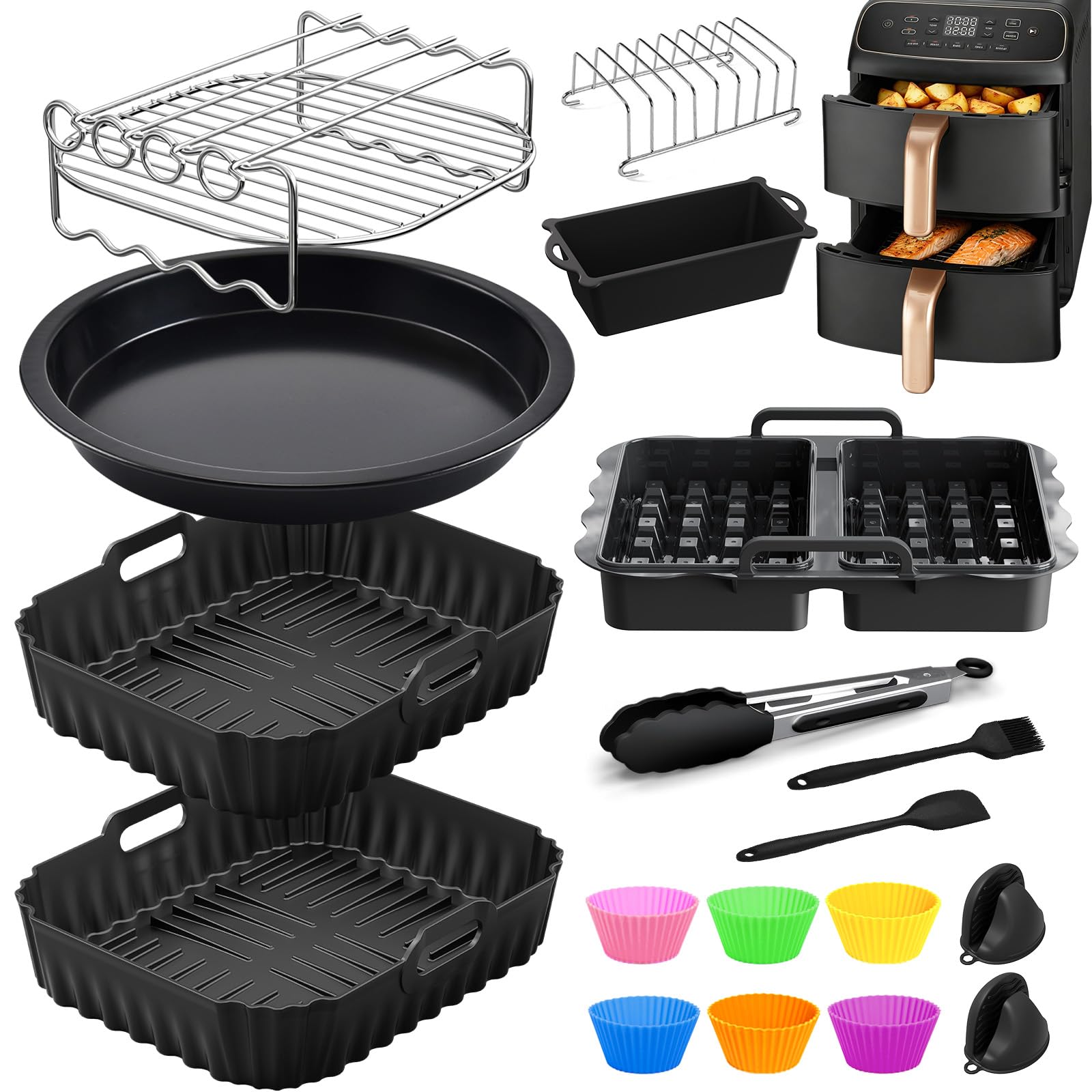 Heißluftfritteuse Zubehör für COSORI Airfryer Turbo Tower Compact 8.6L | Silikonform Heißluftfritteuse Zubehör Set Wiederverwendba Auflaufform Einsatz für COSORI DC861 Heißluftfritteuse 2 Kammern