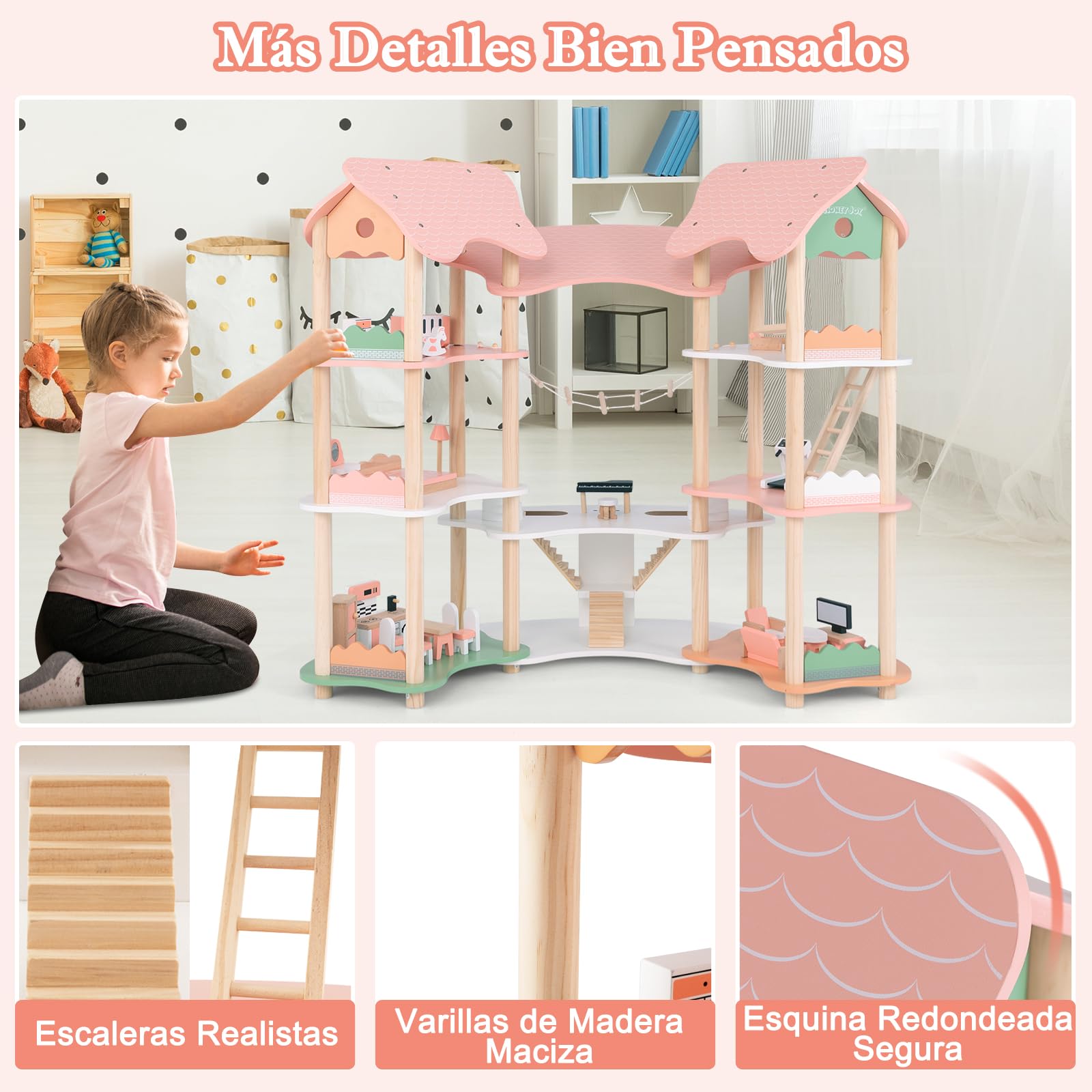 GOPLUS Casa de Muñecas de Madera de 3 Pisos Con 7 Habitaciones y 31 Piezas de Muebles, Encantador Juego Para Niños de 3+, Para Muñecos de 8-15 cm