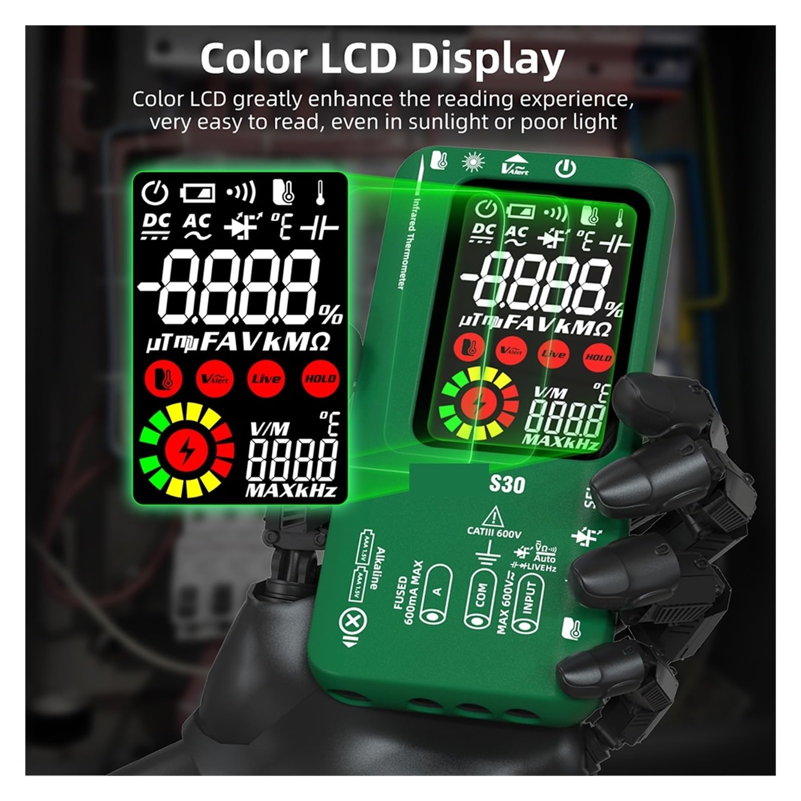 S30 USB Charge Kolorowy Ekran LCD Multimetr Cyfrowy Termometr Na Podczerwień True 15V Dioda AC DC Napięcie Prądu Tester Bezpieczny, Praktyczny, DokłAdny(Red S30)