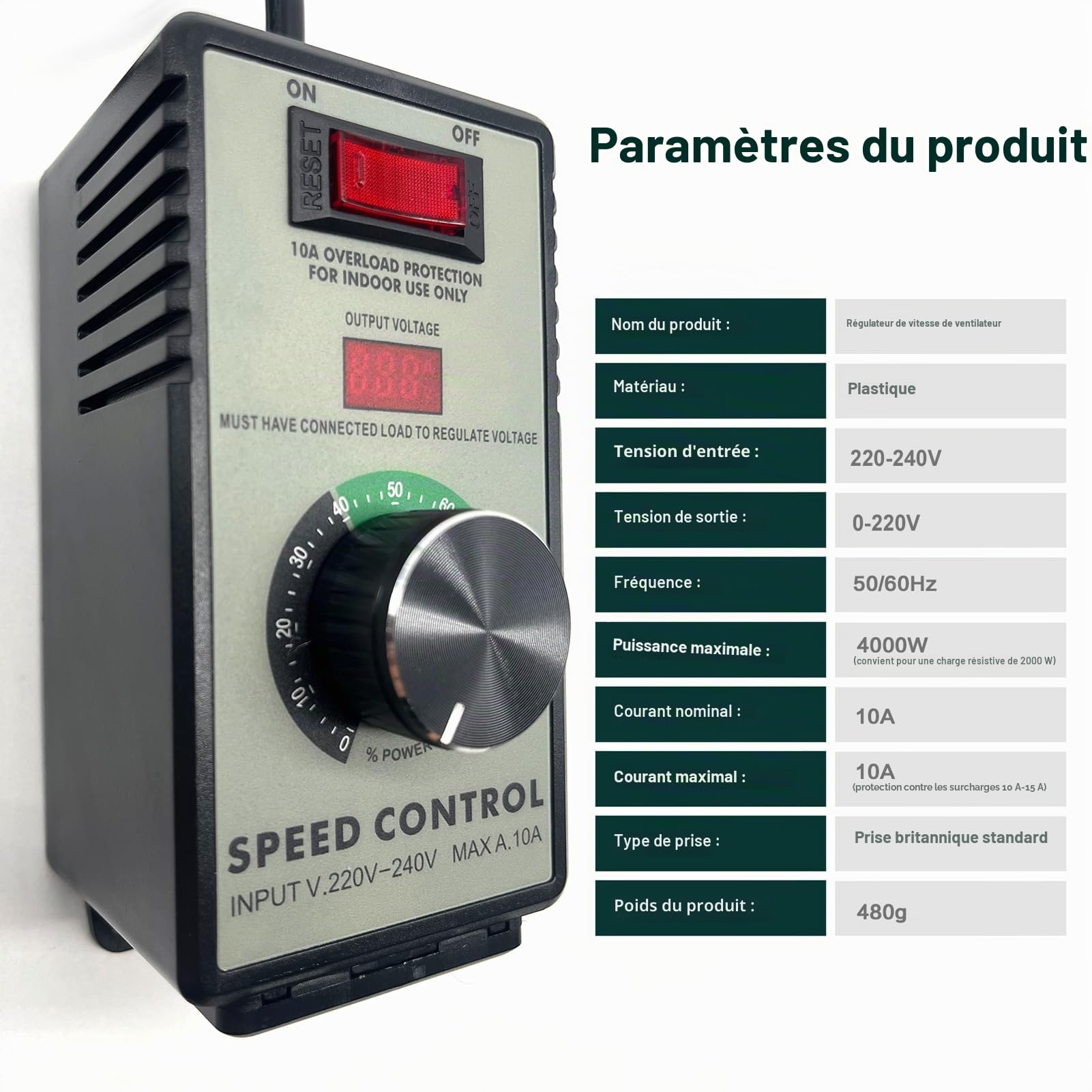 Variateur de Lumiere LED,Prise Variateur,230V Variateur RéGulateur De Tension éLectronique Pour Moteurs éLectriques avec Protection Contre La Surcharge 220V-240V AC