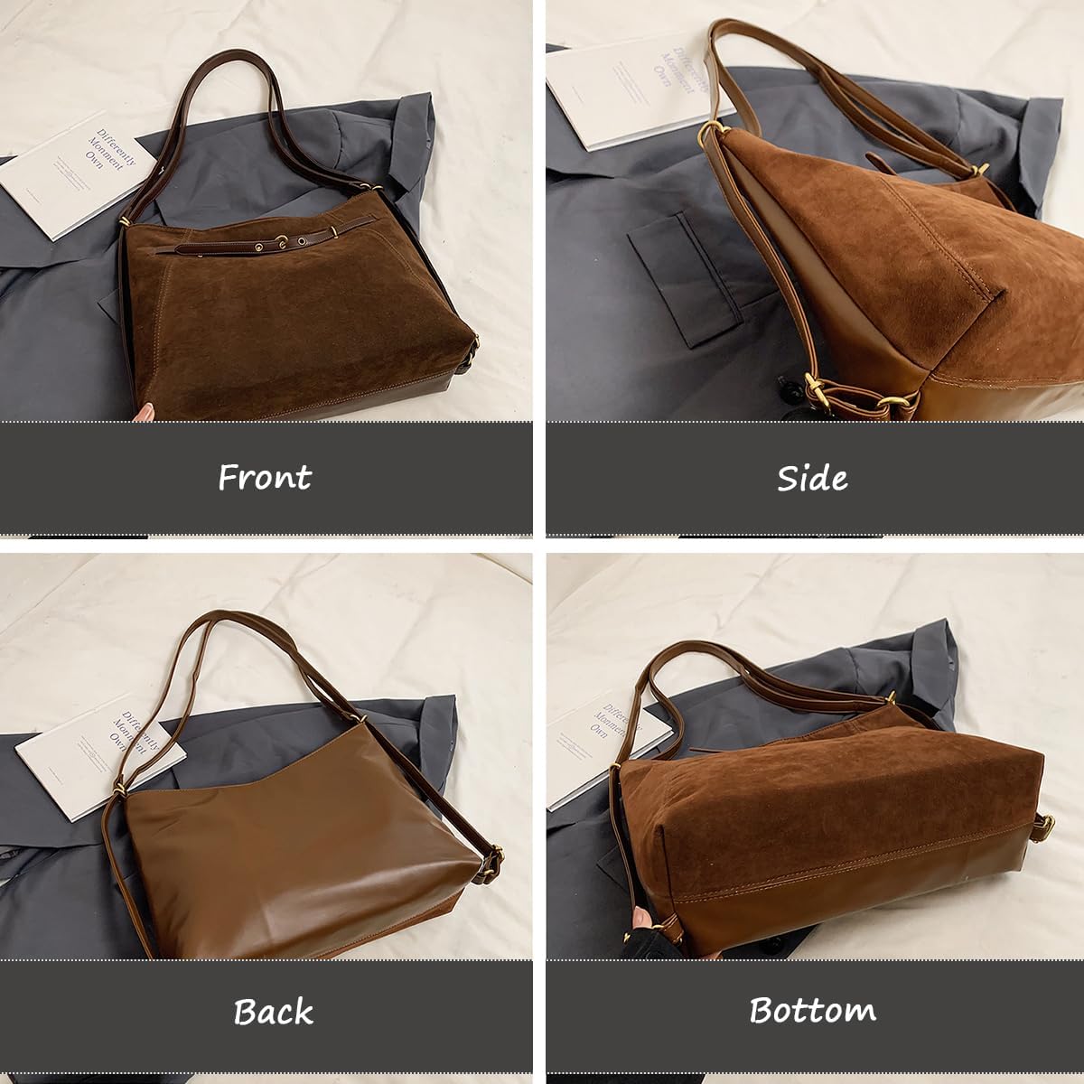 Women's Suede Tote Bag Hobo Handbags, Vintage Slouchy Backpack Large Crossbody Purse Suede PU leather double-sided design - Image 6