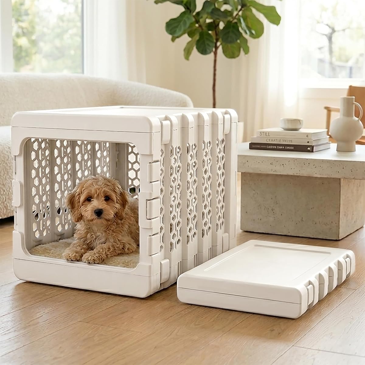 PAWD Collapsible Dog Crate, Portable Indoor Outdoor Kennel for Dogs 15–25 lbs, French Bulldog, Dachshund, Maltese, Pomeranian, Medium, 26" L x 20" W x 21" H, 12 lbs, White
