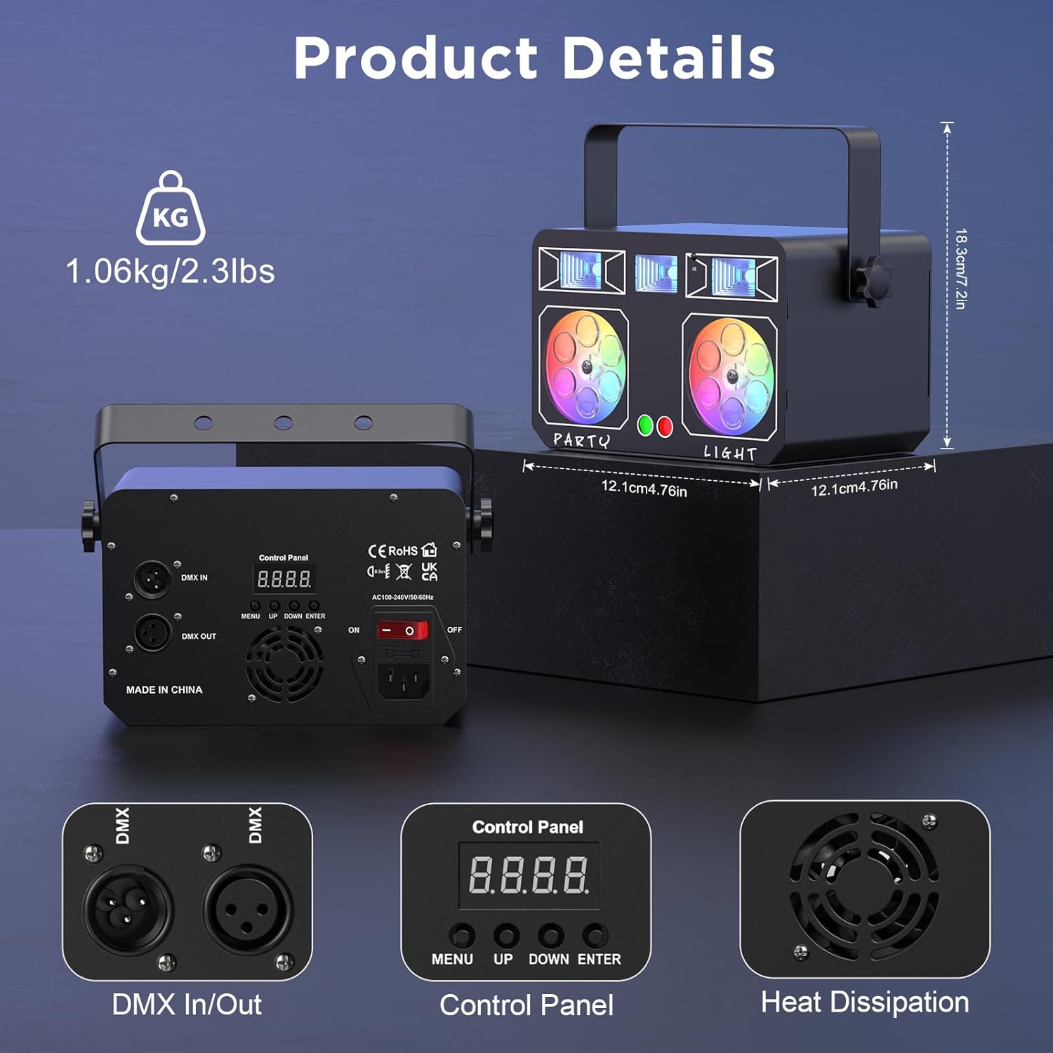 Detailed view of the stage light showing its dimensions, weight, DMX In/Out ports, control panel, and heat dissipation fan.