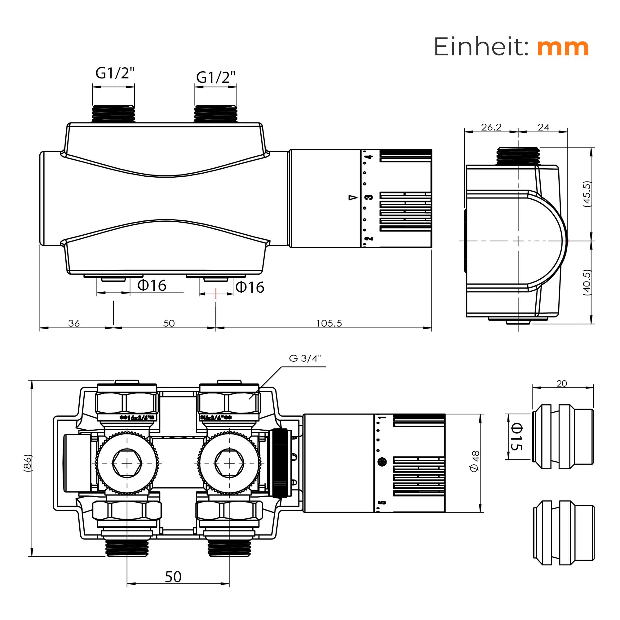 Multiblock Set für Heizkörper Anschlussarmatur mit Thermostat – Thermostatventil Hahnblock mit Frostschutz – für Eck/Durchgangsform – 50mm Mittelanschluss G1/2" – inkl. PEX Ø16 & Kupfer Ø15