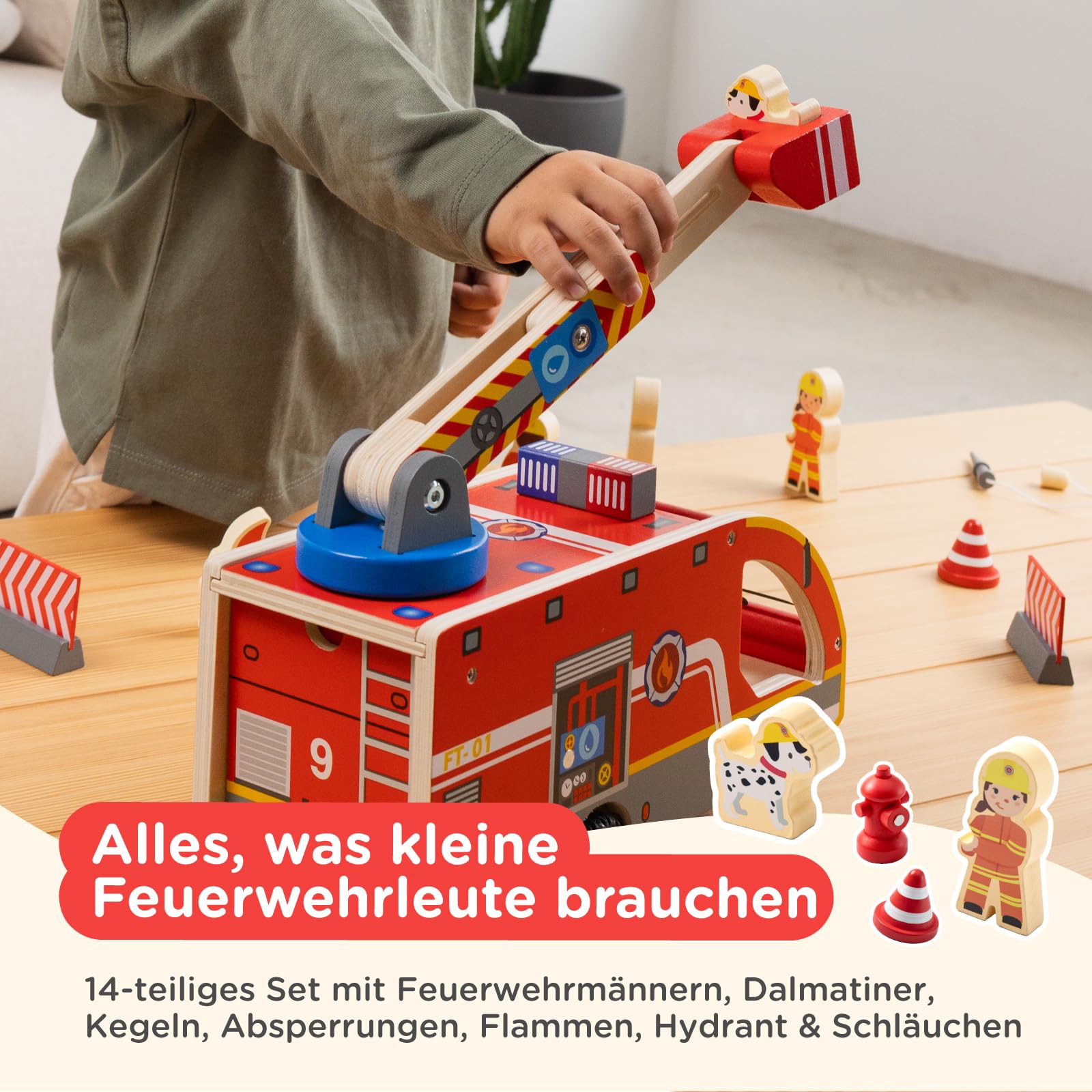Nene Toys Holz-Feuerwehrauto für Kinder ab 2 Jahren – Feuerwehr Spielset mit 360° drehbarer Leiter & Korb, magnetischen Schläuchen, 3 Feuerwehrmännern & Dalmatiner – FSC-zertifiziertes Holzspielzeug