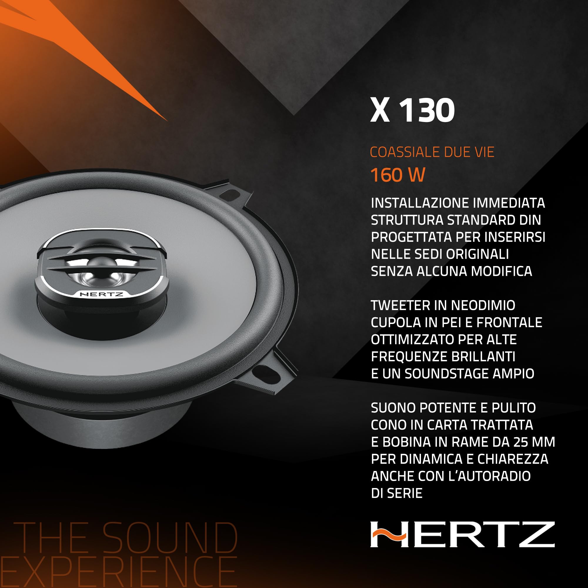 Hertz X 130 – Coppia di altoparlanti coassiali a 2 vie da 130 mm, 160W di potenza di picco, cono in polipropilene e tweeter integrato