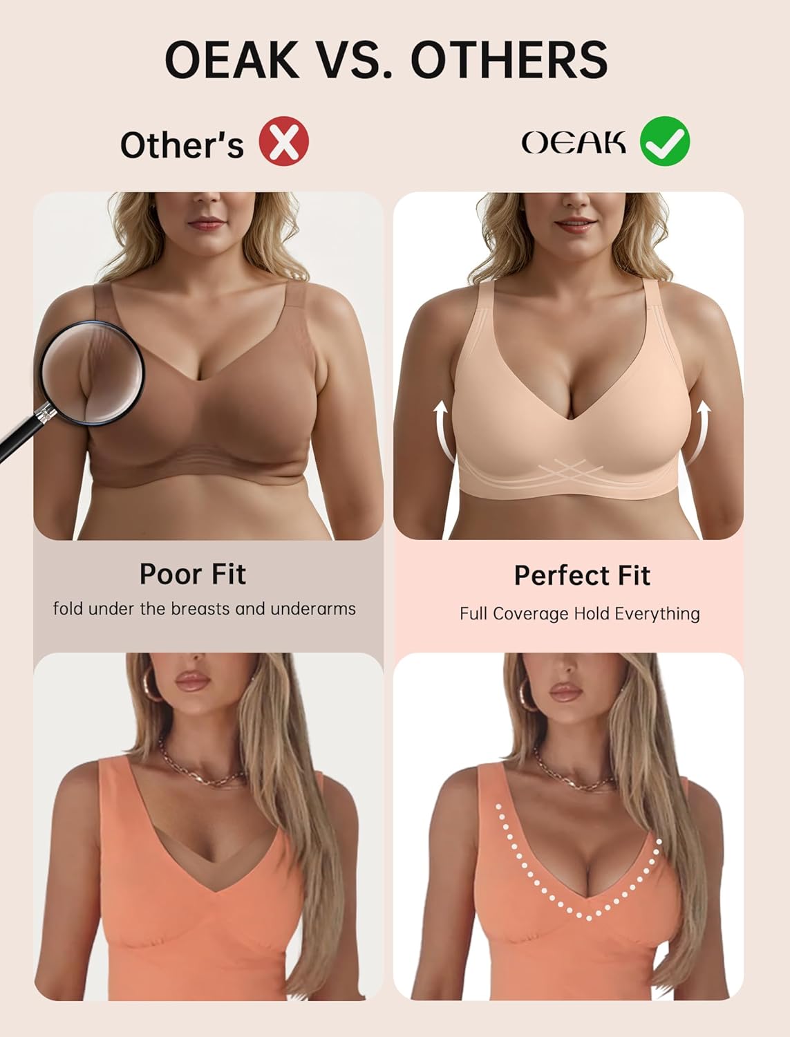 OEAK Womens Comfortable Deep V Bras Wireless Push Up Seamless Full Coverage Bralettes Supportive Bra Raceback Tshirt Bras - Image 5